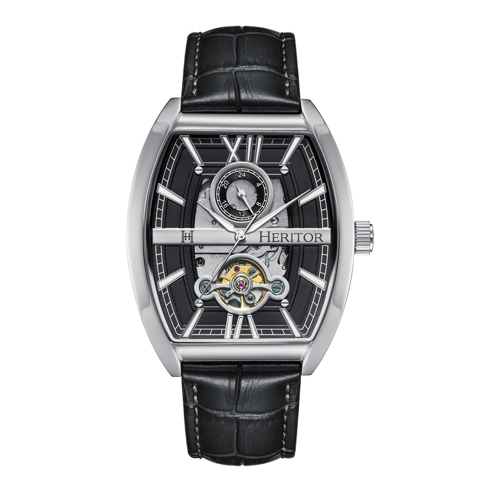 Heritor Automatic Silver/Black Masterson Semi-Skeleton Leather-Band Watch