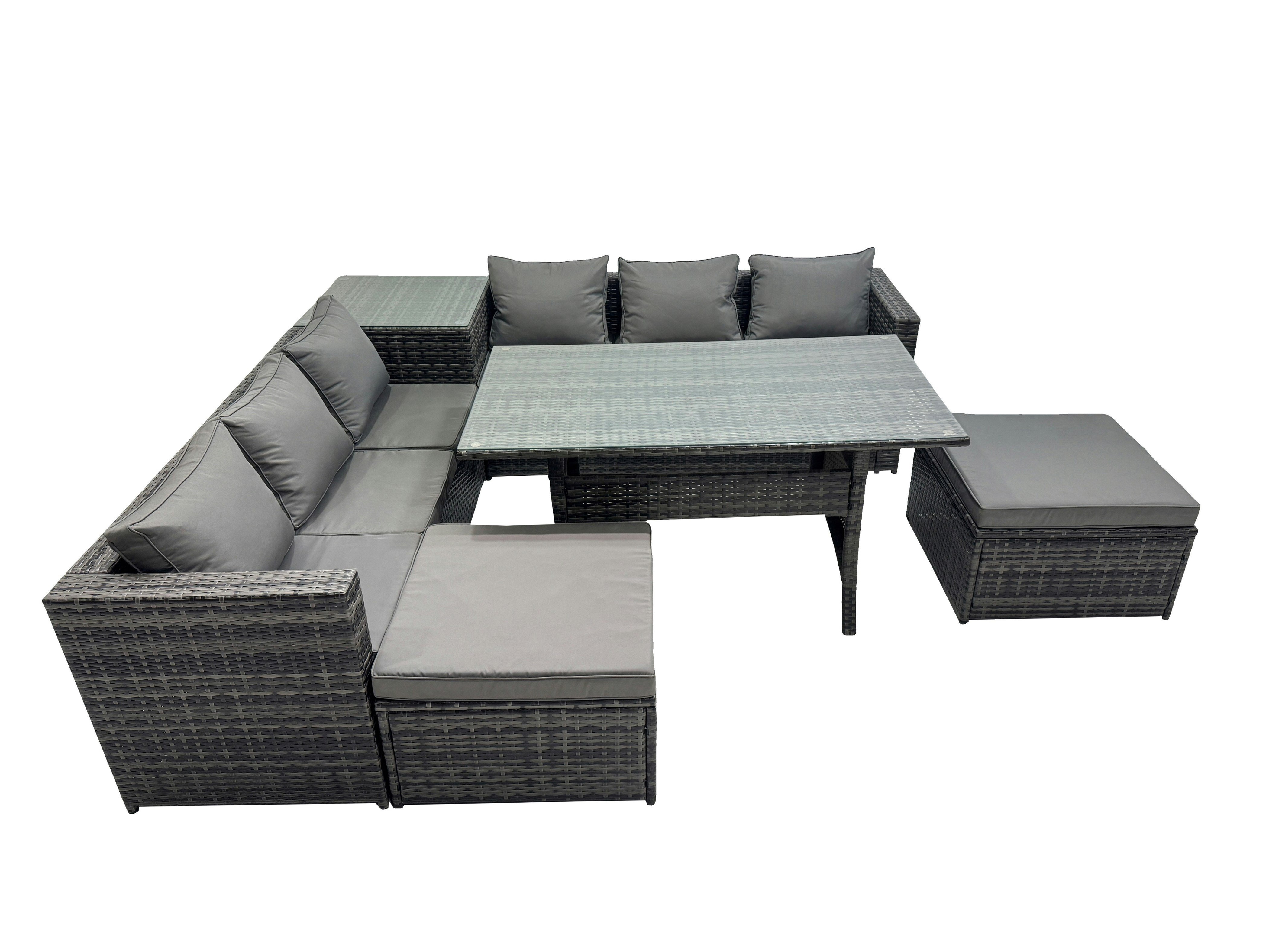 Fimous Dark/Grey 8 Seater Outdoor Corner Sofa Dining Table Set Garden Rattan Furniture Set With Side Table 2 Big Stool
