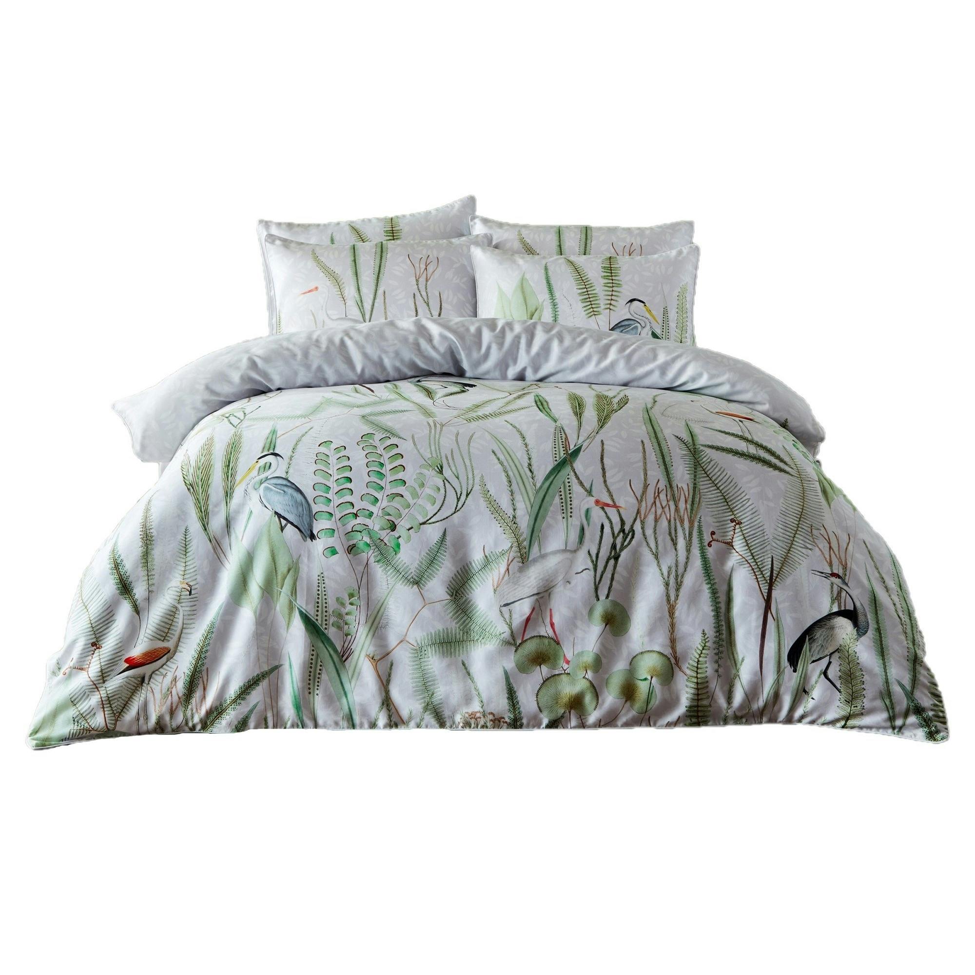 Paoletti White/Green/Grey Aaliyah Botanical Duvet Cover Set - Superking - 100% Cotton