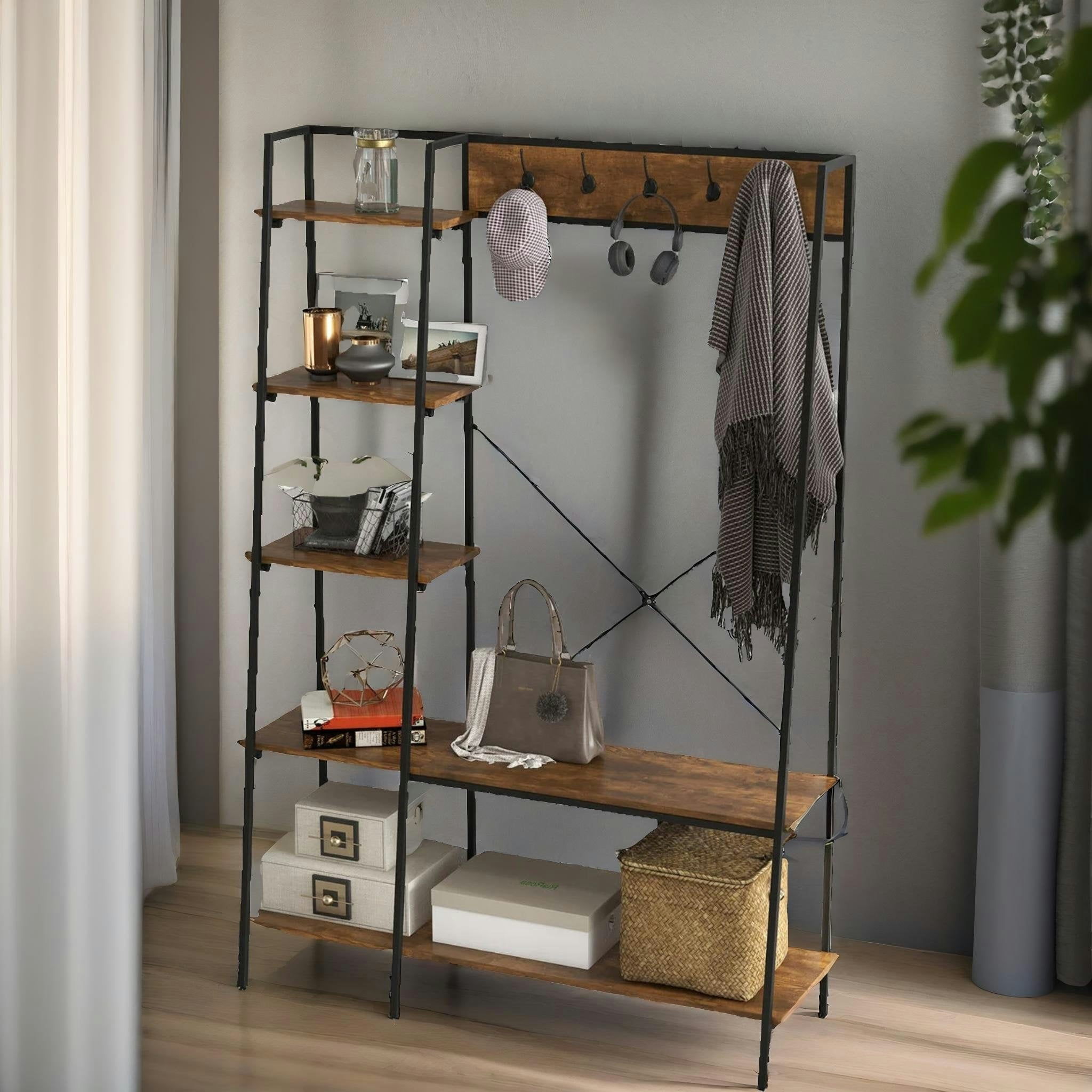 Rackhams Brown Industrial Coat Hanger Stand With Shoe Storage Rustic