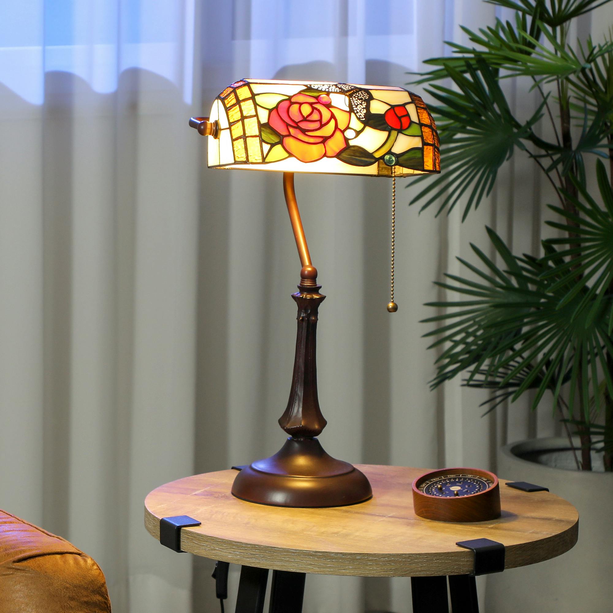 Rackhams Light/Bronze Tiffany-Style Stained Glass Table Lamp, Handcrafted Antique Bedside - Bulb Not Included - Metal, Resin, Glass - Table Lamp