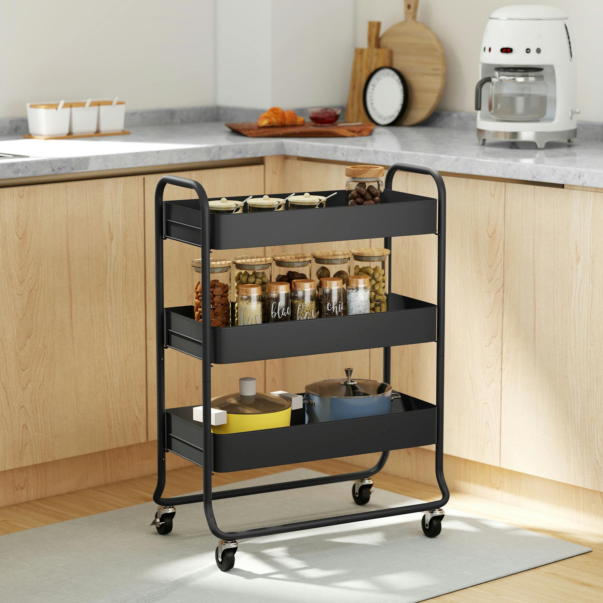 Homcom Black 3-Tier Storage Trolley, Storage Cart With Mesh Backets, Wheels