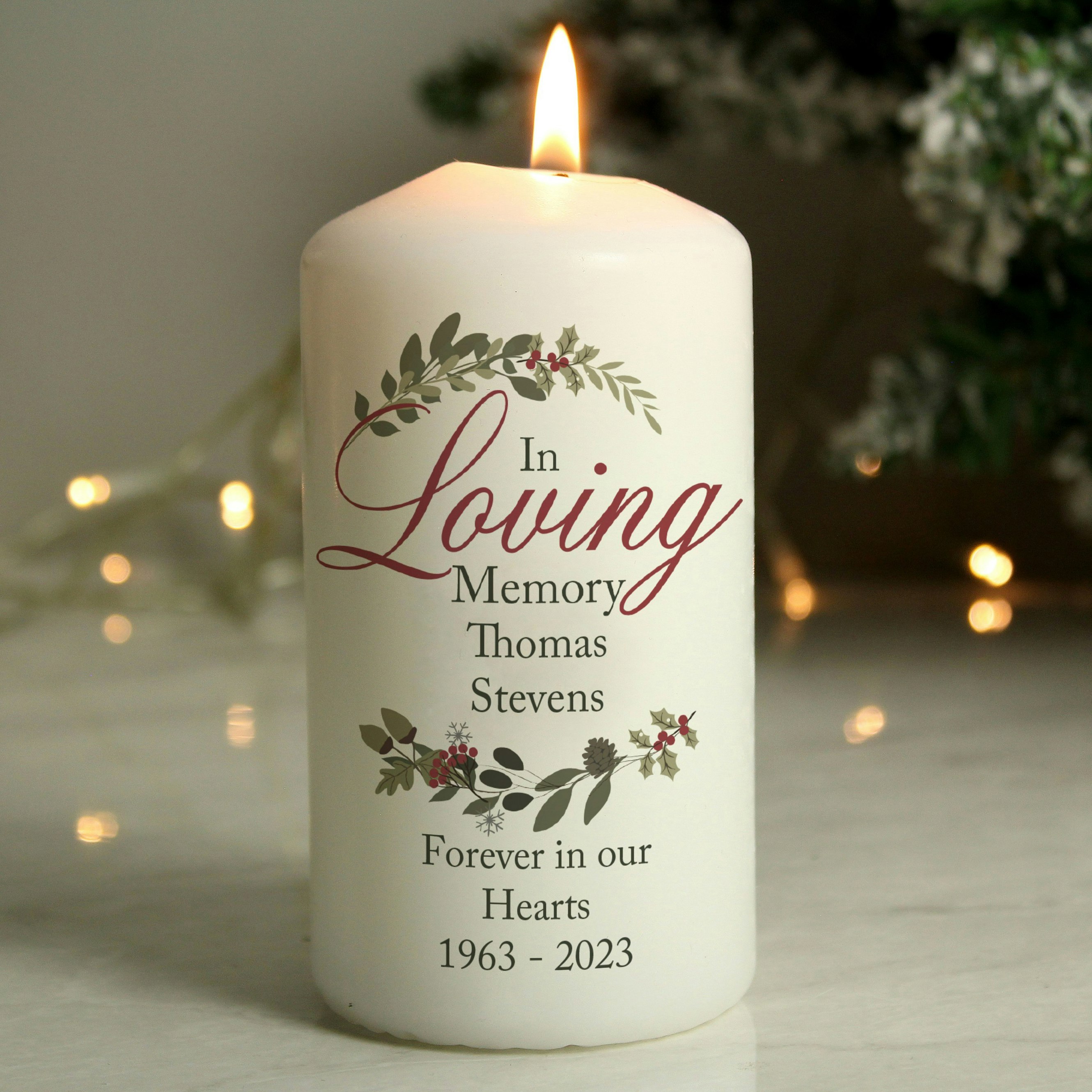 Rackhams Personalised In Loving Memory Wreath Pillar Candle