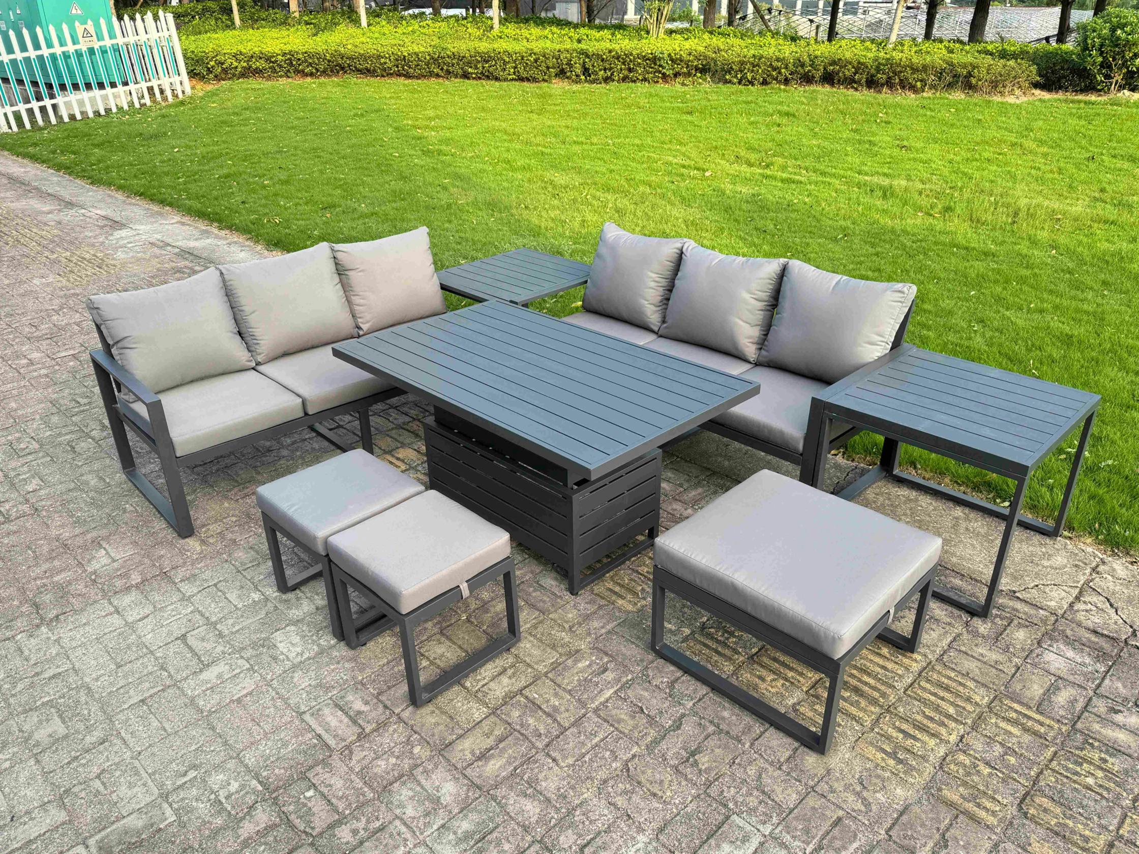 Fimous Dark/Grey 8 Seater Aluminium Garden Furniture Set With Adjustable Rising Dining Table, 2 Sofas, 2 Side Tables, 3 Footstools