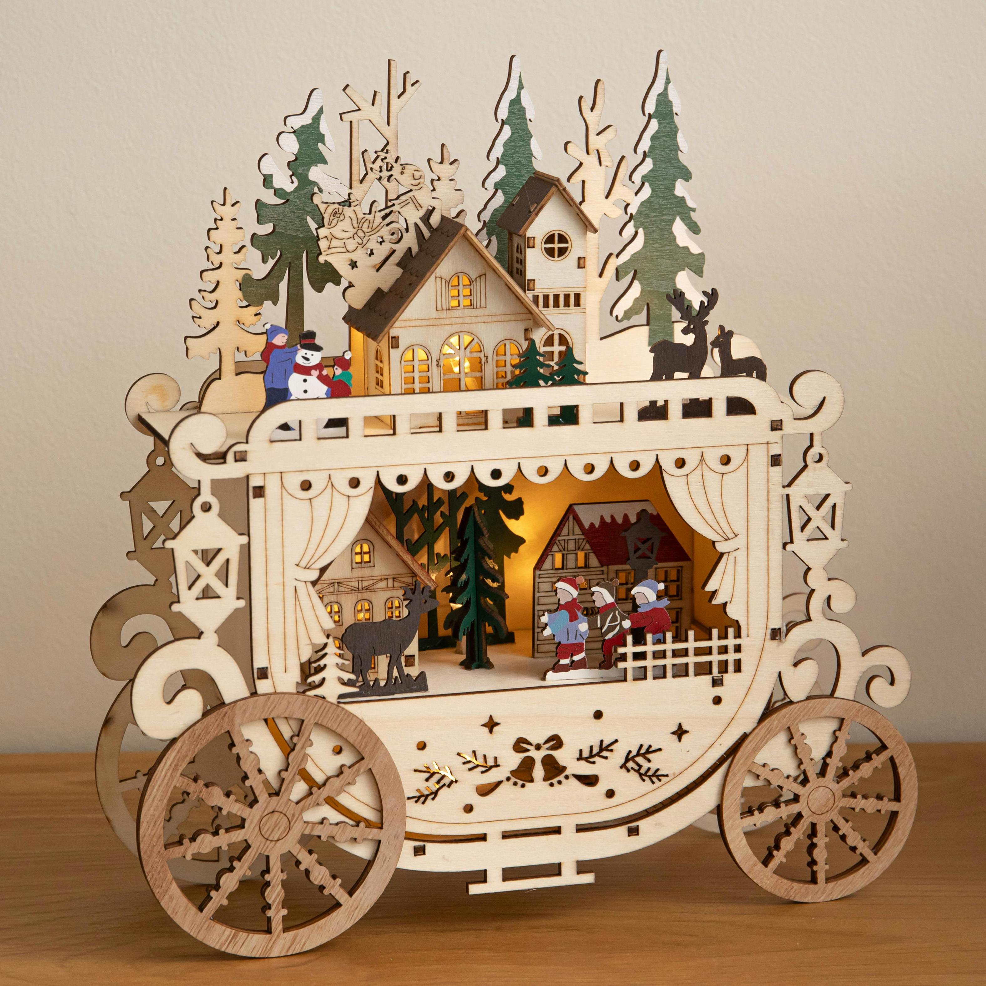 Rackhams Light/White 25Cm Battery Powered Up Wooden Christmas Carriage Village With Warm Leds
