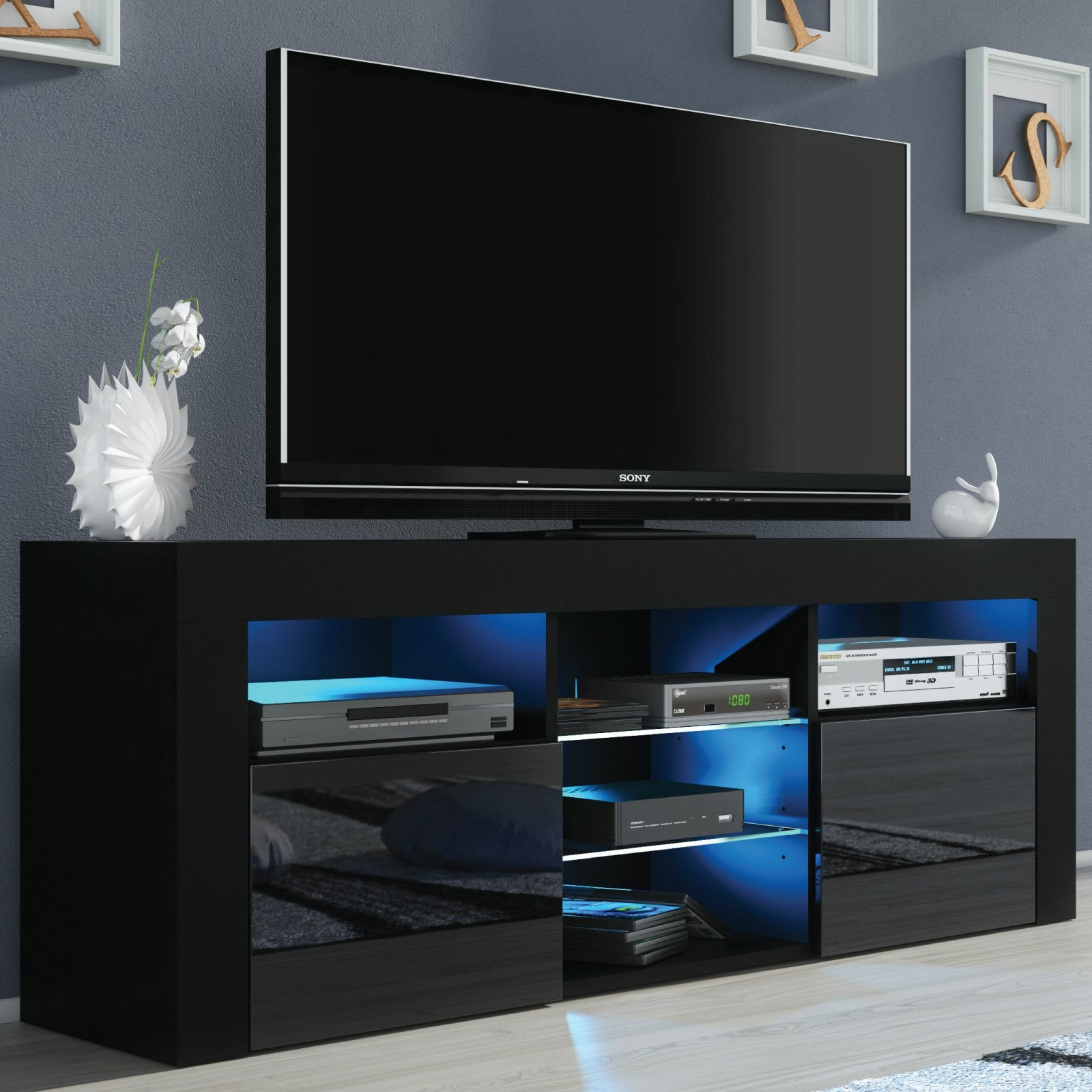 Rackhams Black Stylish 145Cm Modern Tv Unit With Gloss Doors And Spacious Cabinet Storage - 145 Cm - 1 - Matt Body & Gloss Doors