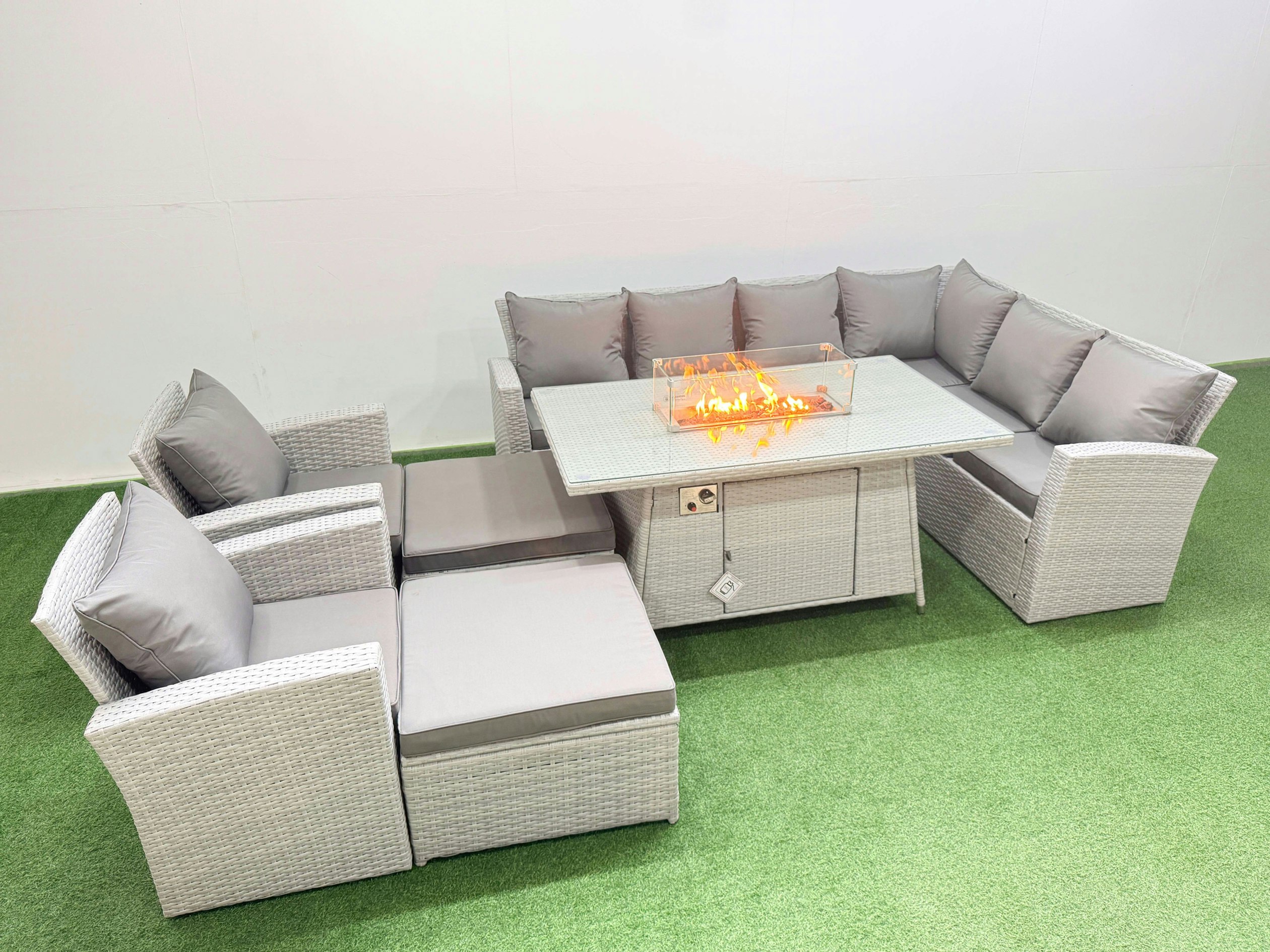 Fimous Light/Grey Outdoor Furniture Garden Dining Set Rattan Corner Sofa Chair Set Gas Fire Pit Table With Temper Glass Footstools 10 Seater Mixed