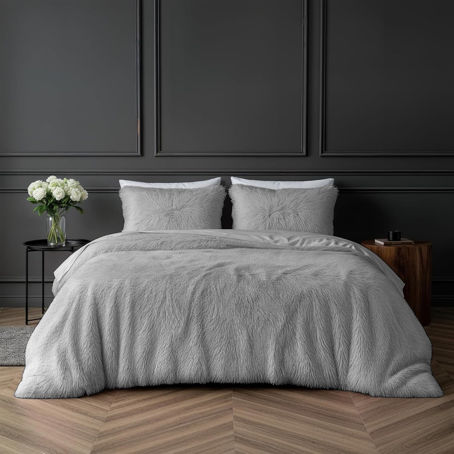 Rackhams Silver Teddy Long Pile Faux Fur Duvet Cover With Pillowcases - King (220Cm X 230Cm)