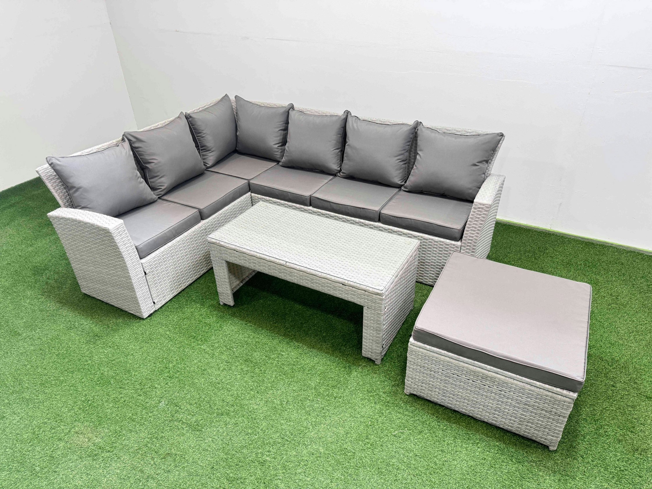 Rackhams Light/Grey Rattan Garden Furniture Set Outdoor 7 Seater Corner Sofa Sets With Oblong Coffee Table Big Footstool Mixed