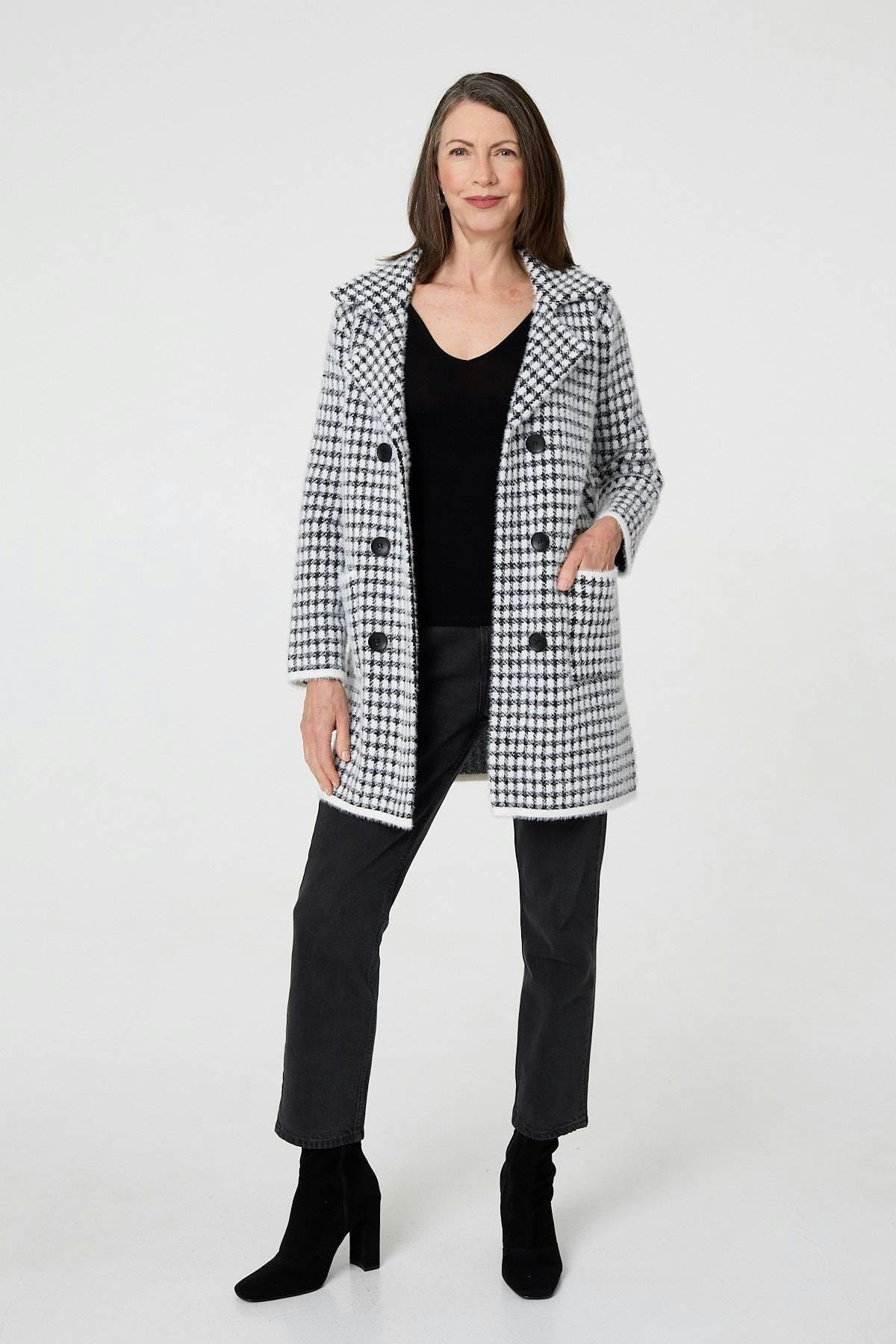 Izabel London Black Check Button Front Longline Knit Coat - S/M