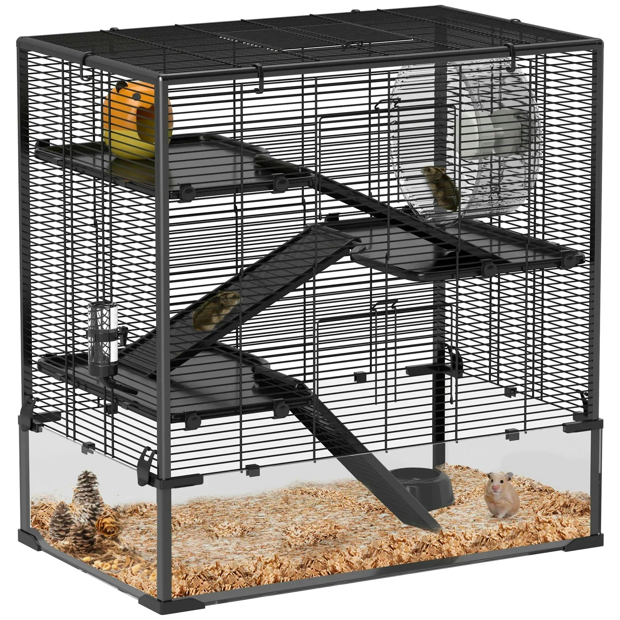 PawHut 4 Tier Hamster Cage - Black - Tempered Glass Bottom - Image 5