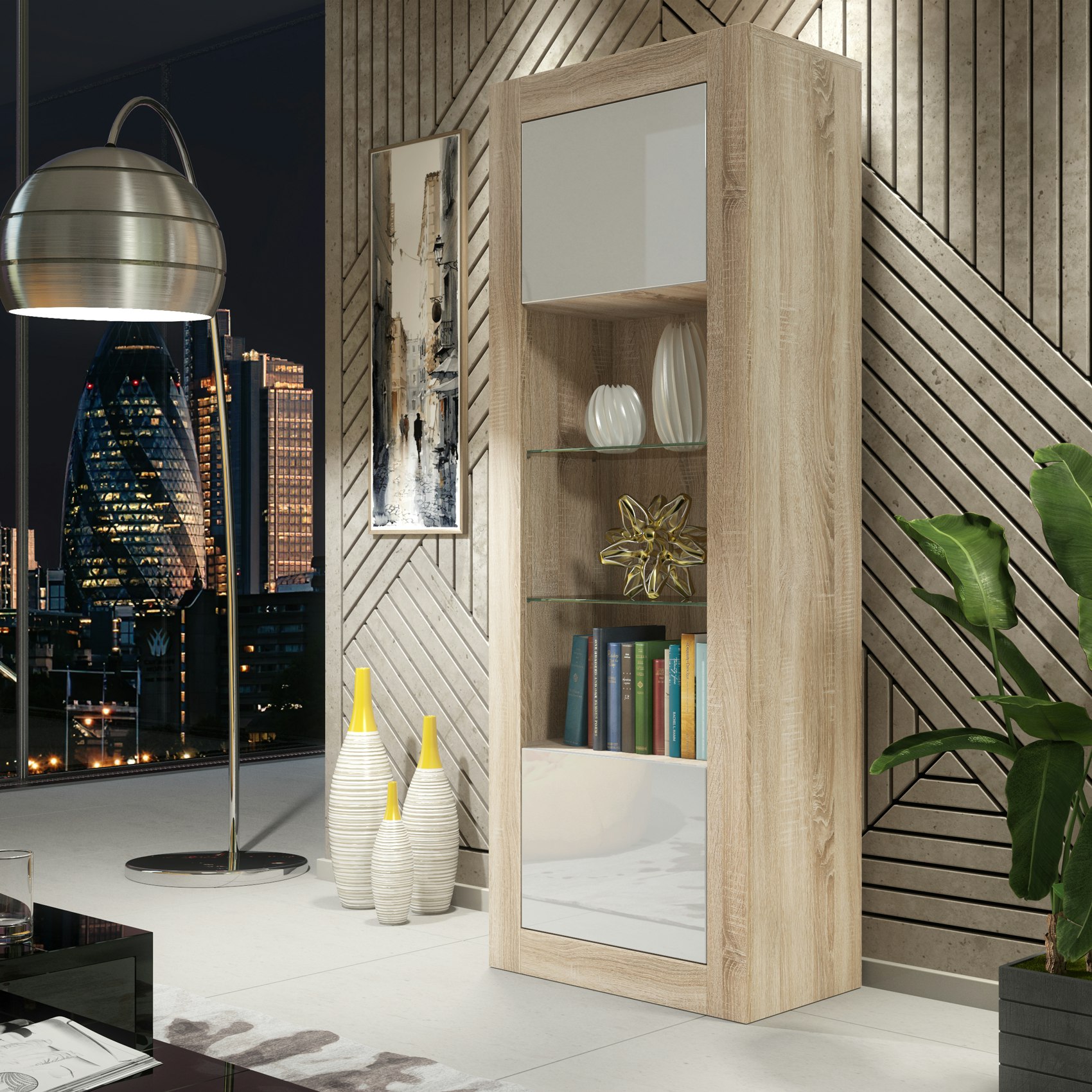 Mex Furniture White Modern Display Cabinet 170Cm – Oak Body & Gloss Doors - 170 - Mdf/Chipboard - 1