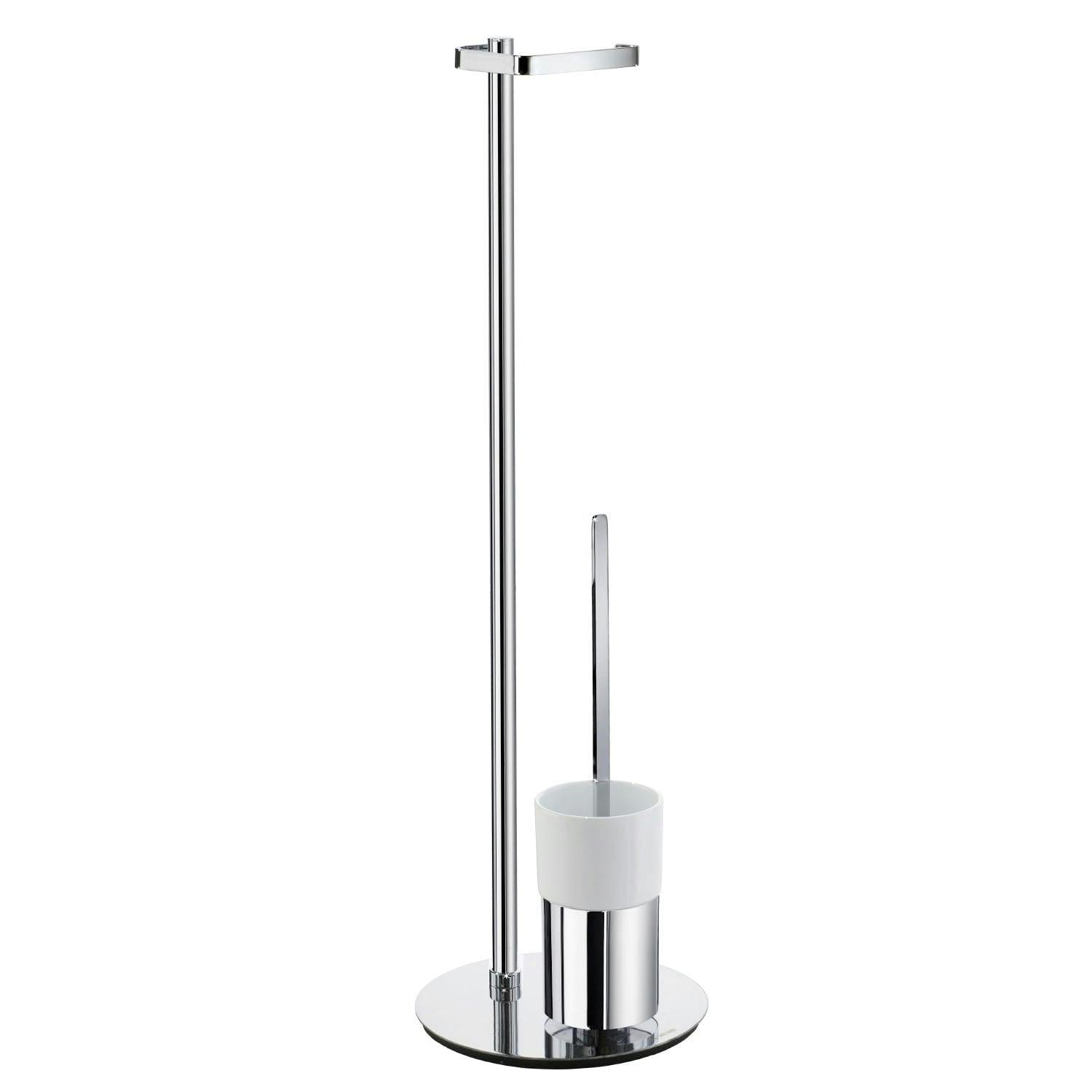 Rackhams Polished Chrome Freestanding Toilet Roll And Toilet Brush With Porcelain Holder - Round Base