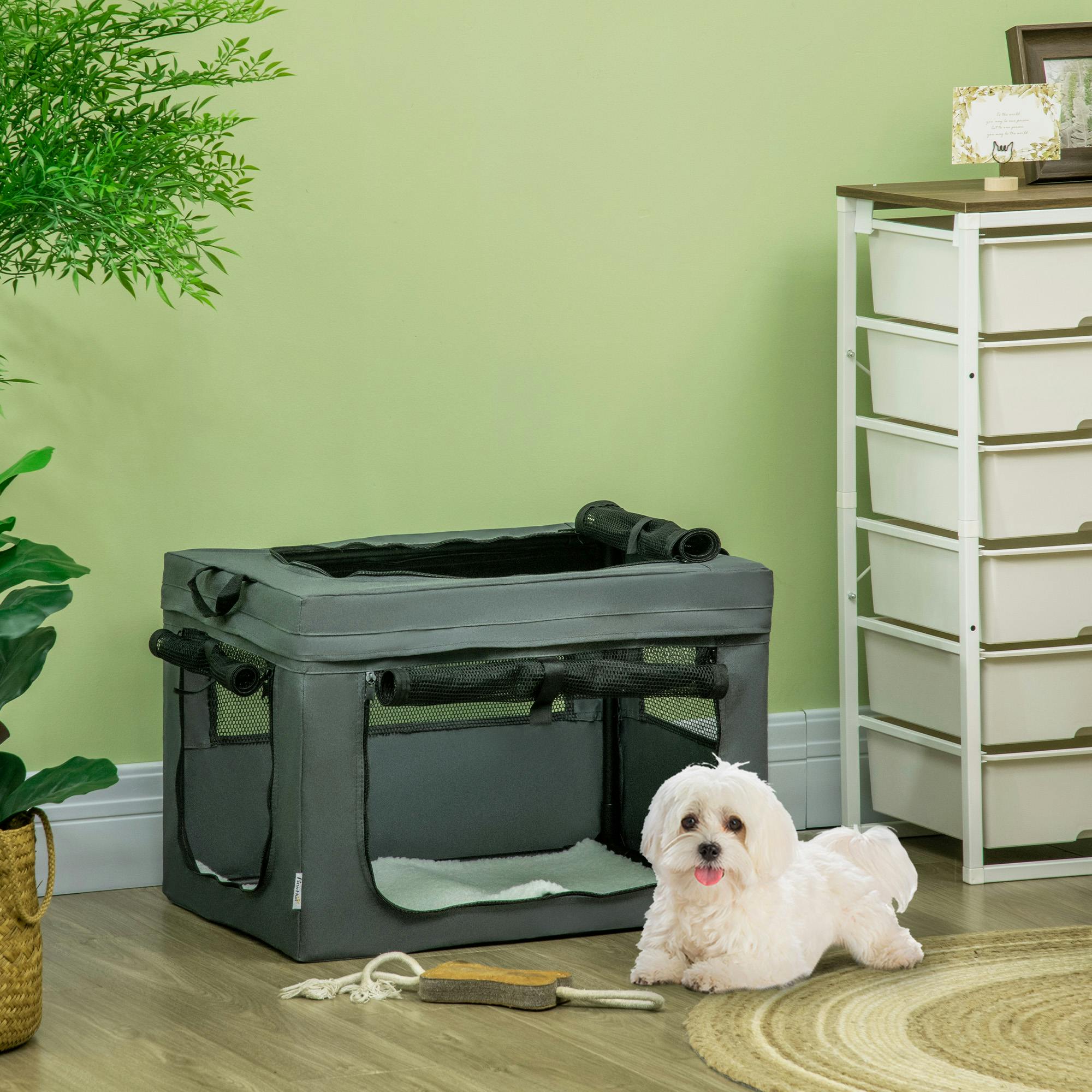 Pawhut Grey Soft Side Pet Carrier W/ Cushion, For Miniature Dogs - 60 X 42 X 42Cm
