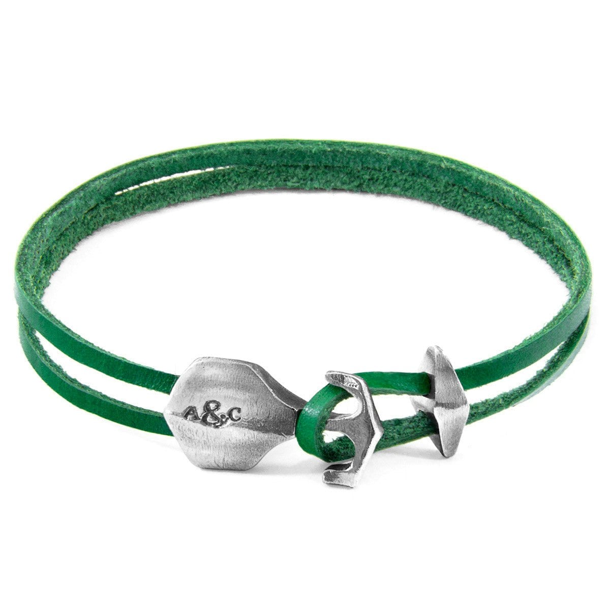 Anchor & Crew Green/Silver Fern Delta Anchor And Flat Leather Bracelet - S - 19Cm