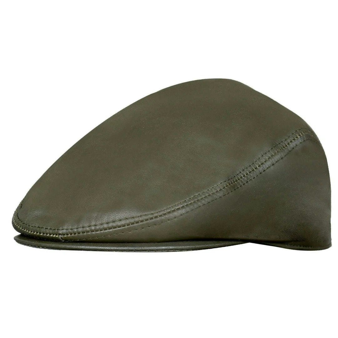 Infinity Leather Men's Green Real Leather Ivy Newsboy Peaked Flat Cap - 57