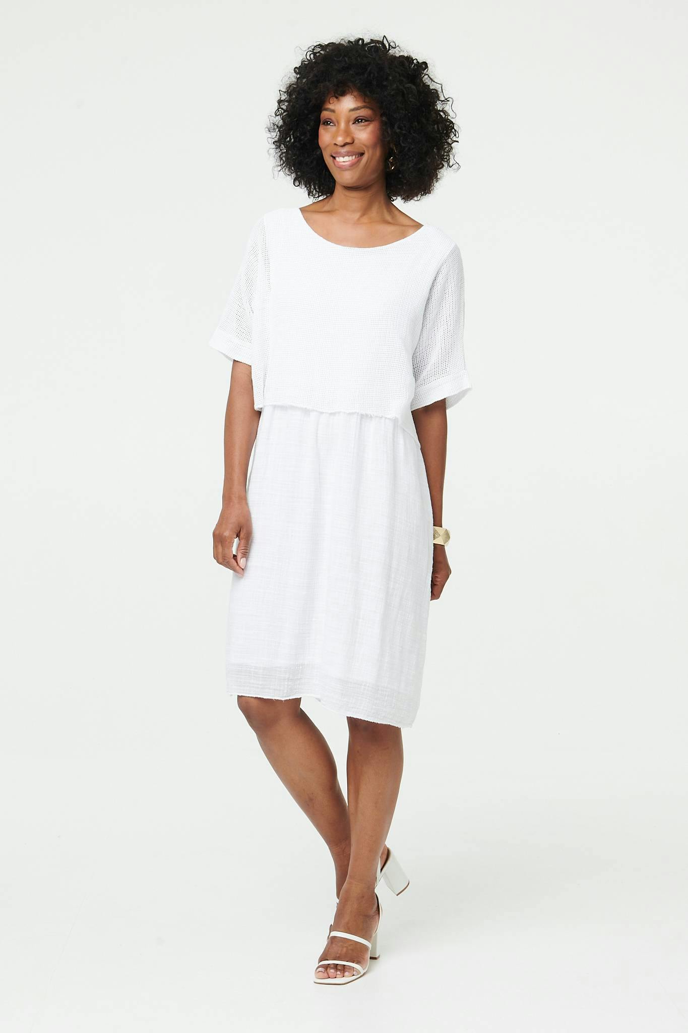 Izabel London White Mesh Textured Layered Midi Dress - 8