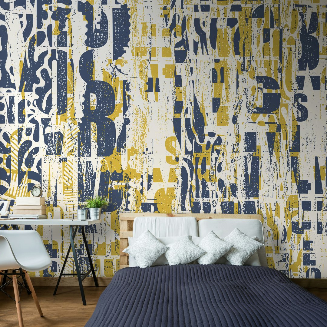 Rackhams Yellow Letterpress Graffiti - Navy And - Large - W350cm X H280cm