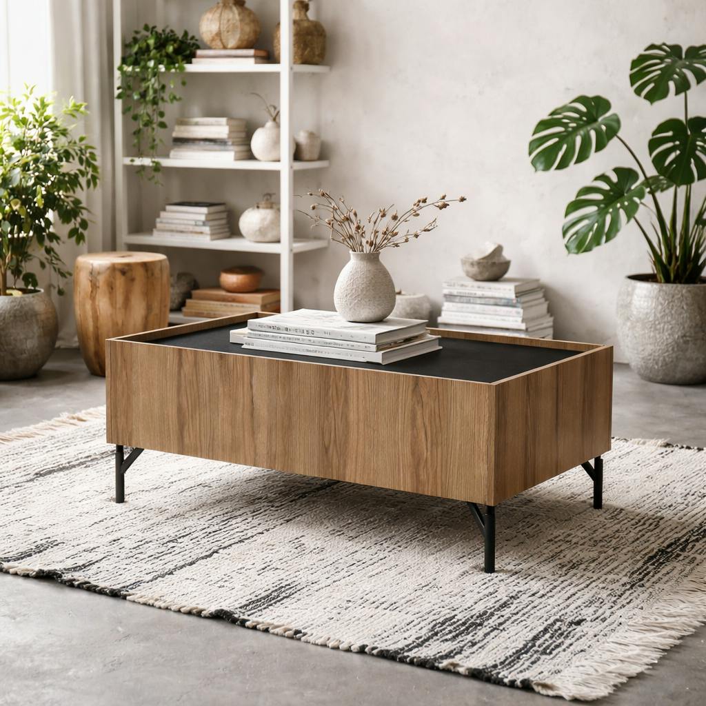 Wyld Haus Black Hillerod Natural Oak Wood And Coffee Table 2 Drawers