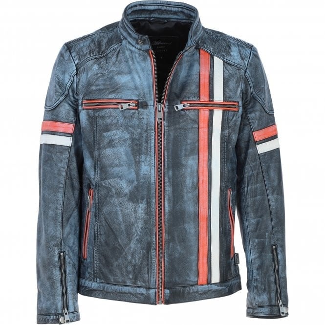 Ashwood Blue/Black Leather Biker Jacket: Berlin - S - Leather