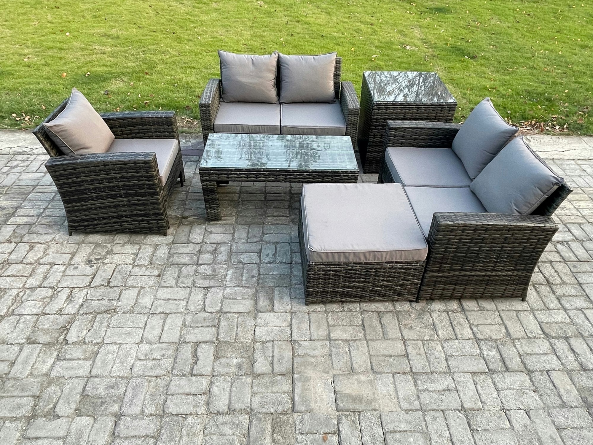 Fimous Dark/Grey 6Pcs Rattan Outdoor Garden Furniture Sofa Set With Coffee Table Big Footstool Side Table Mixed