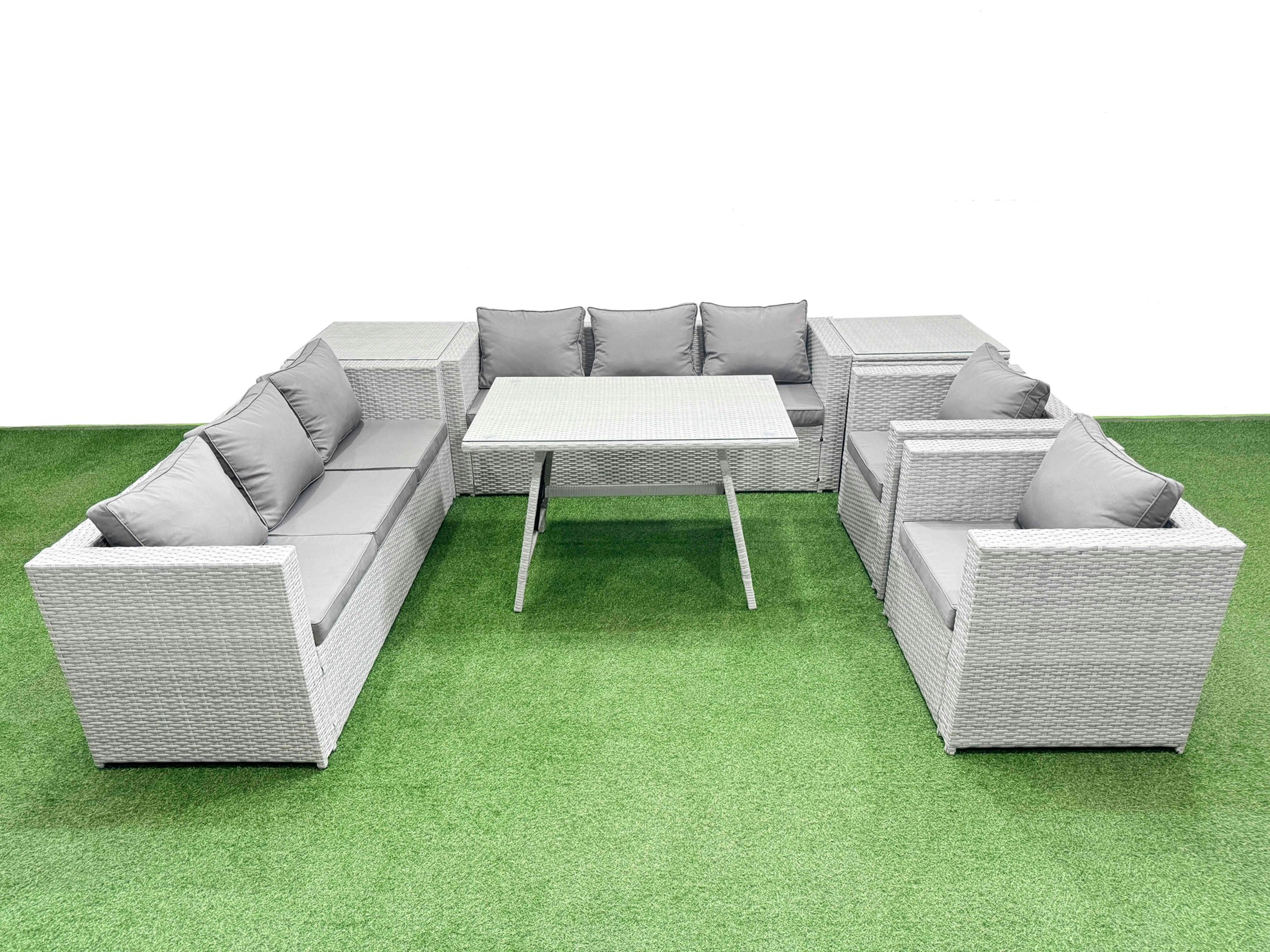 Fimous Light/Grey 8 Seater Garden Furniture Set Pe Ratten Garden Sofa Set With Rectangular Dining Table 2 Side Tables