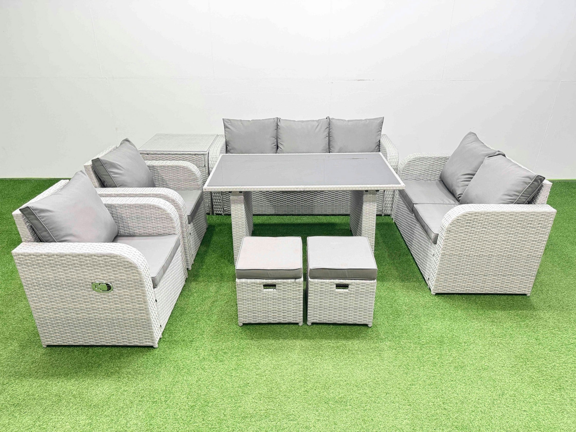 Fimous Light/Grey 9 Seater Garden Furniture Set Pe Rattan Garden Sofa Set With Rectangular Dining Table 2 Small Stools Side Table