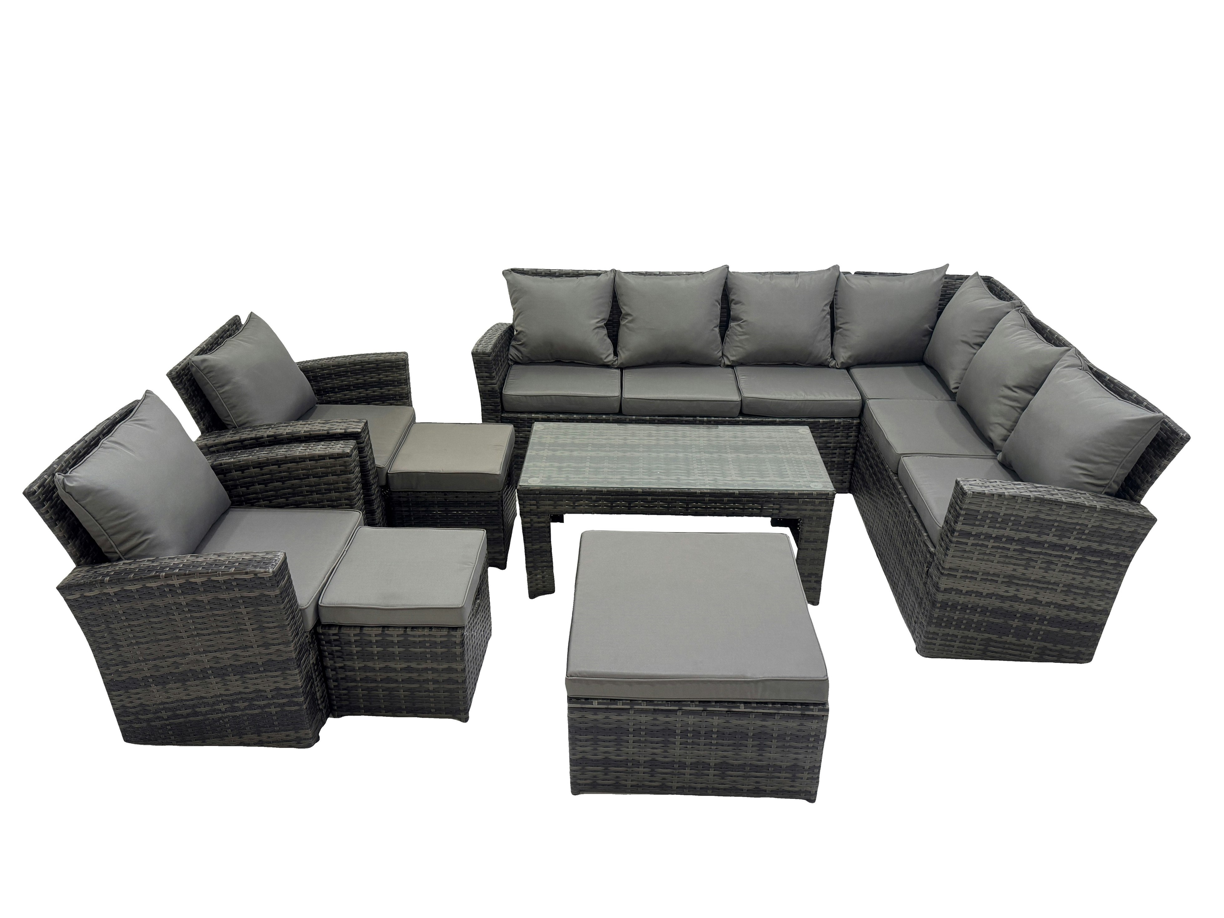 Fimous Dark/Grey Rattan Garden Furniture Set 8 Pieces Outdoor Garden Sofa Oblong Coffee Table Set With Chair 3 Footstools Mixed