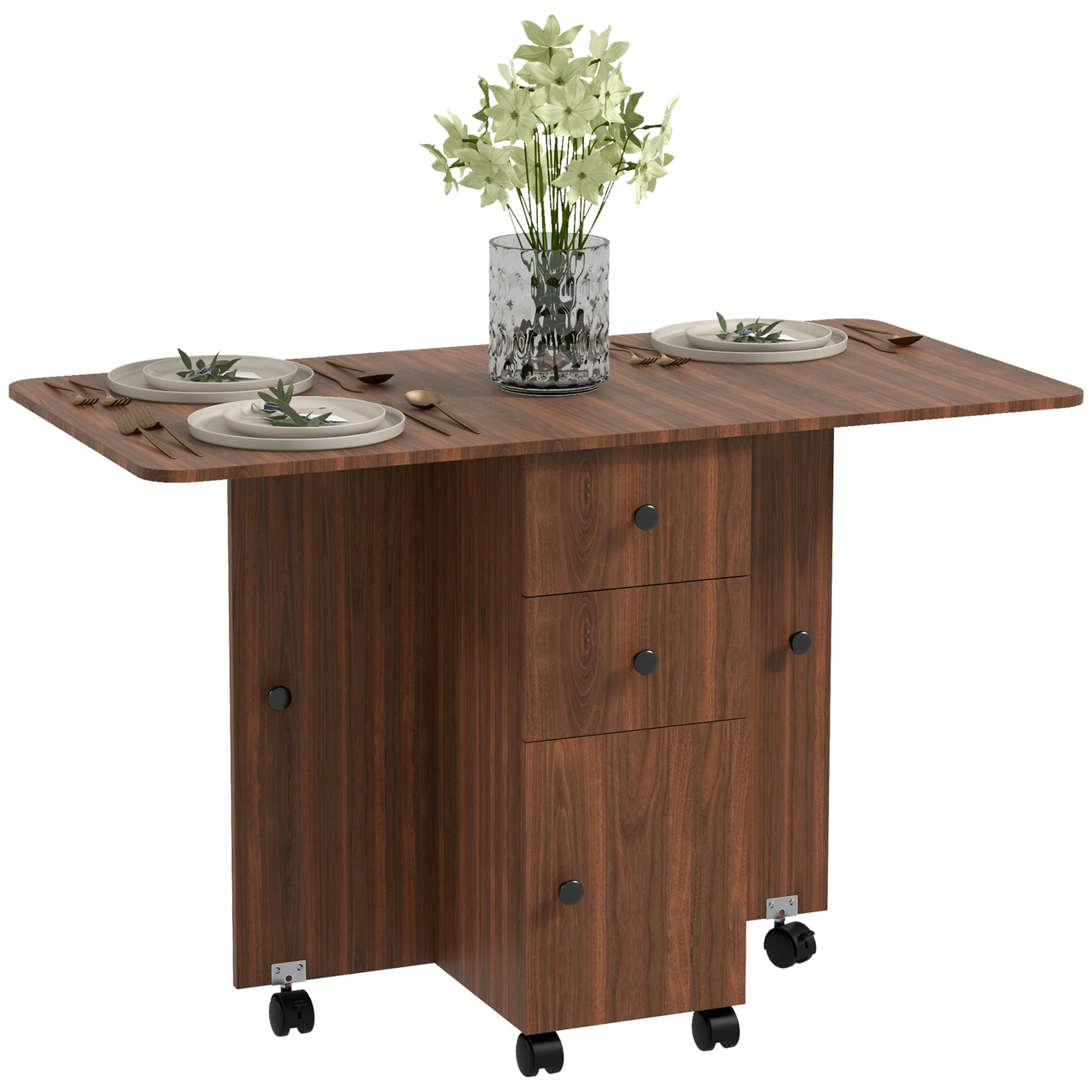 Rackhams Brown Folding Dining Table, Drop Leaf Table With Storage Drawers Small