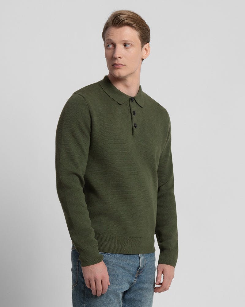 Steel & Jelly Green Heavy Milano Knit Long Sleeve Polo Shirt - Forest - Xl