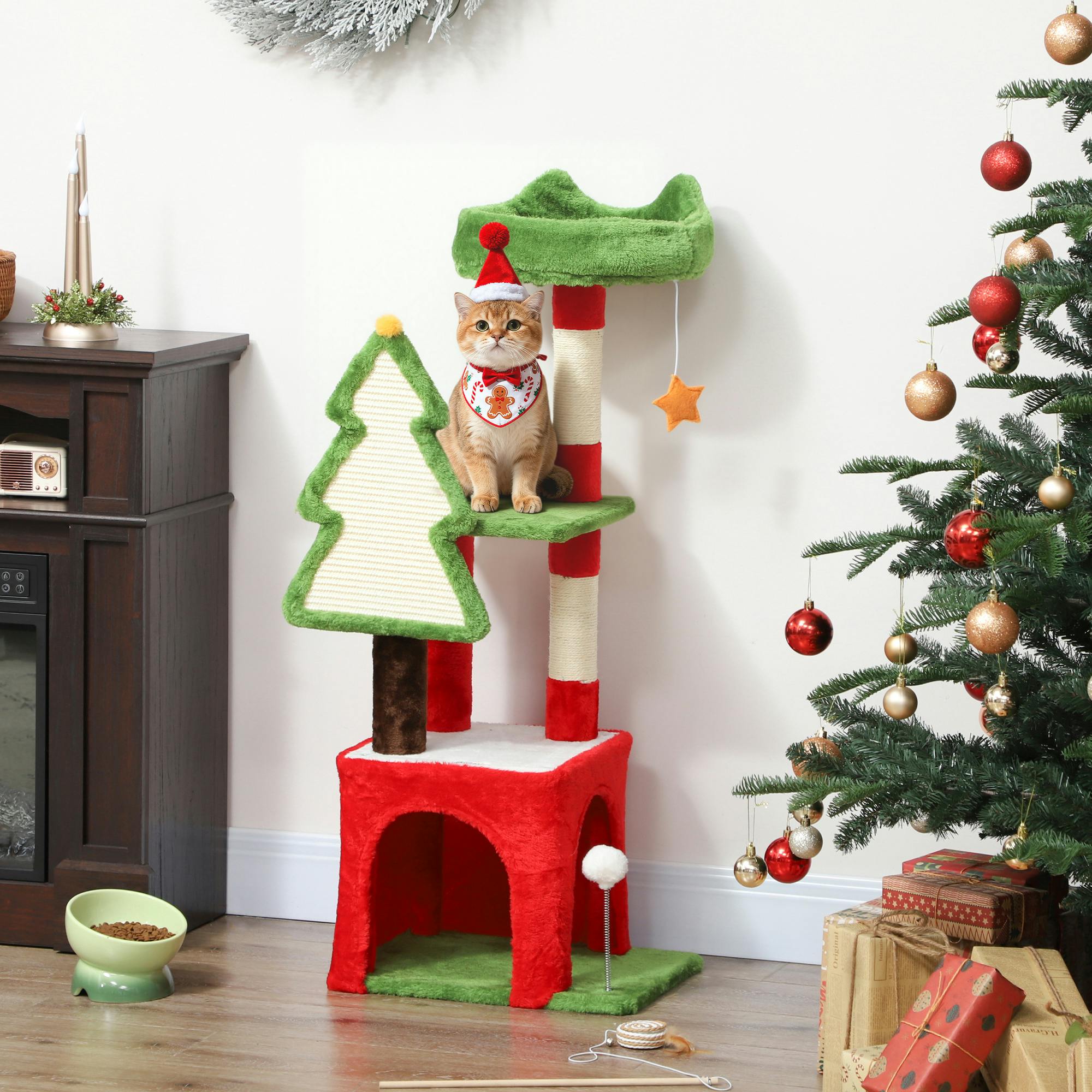 Pawhut Green 103Cm Christmas Cat Tower With Scratching Post And Board,