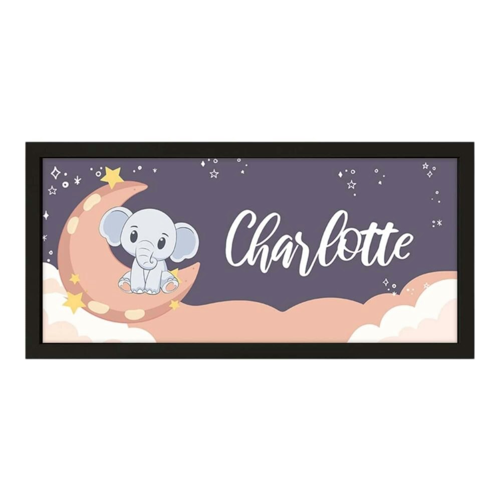 Echothree Black/White Personalised Nursery Wall Art Print - Elephant And Moon Framed Keepsake