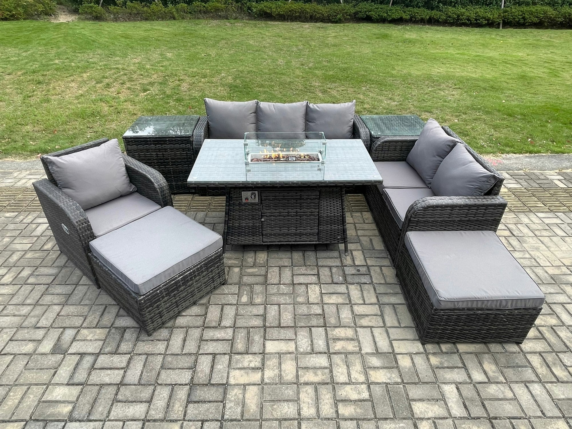Fimous Dark/Grey Garden Patio Furniture Wicker Rattan Gas Fire Pit Table And Sofa Chair Set With 2 Side Tables 2 Big Footstool