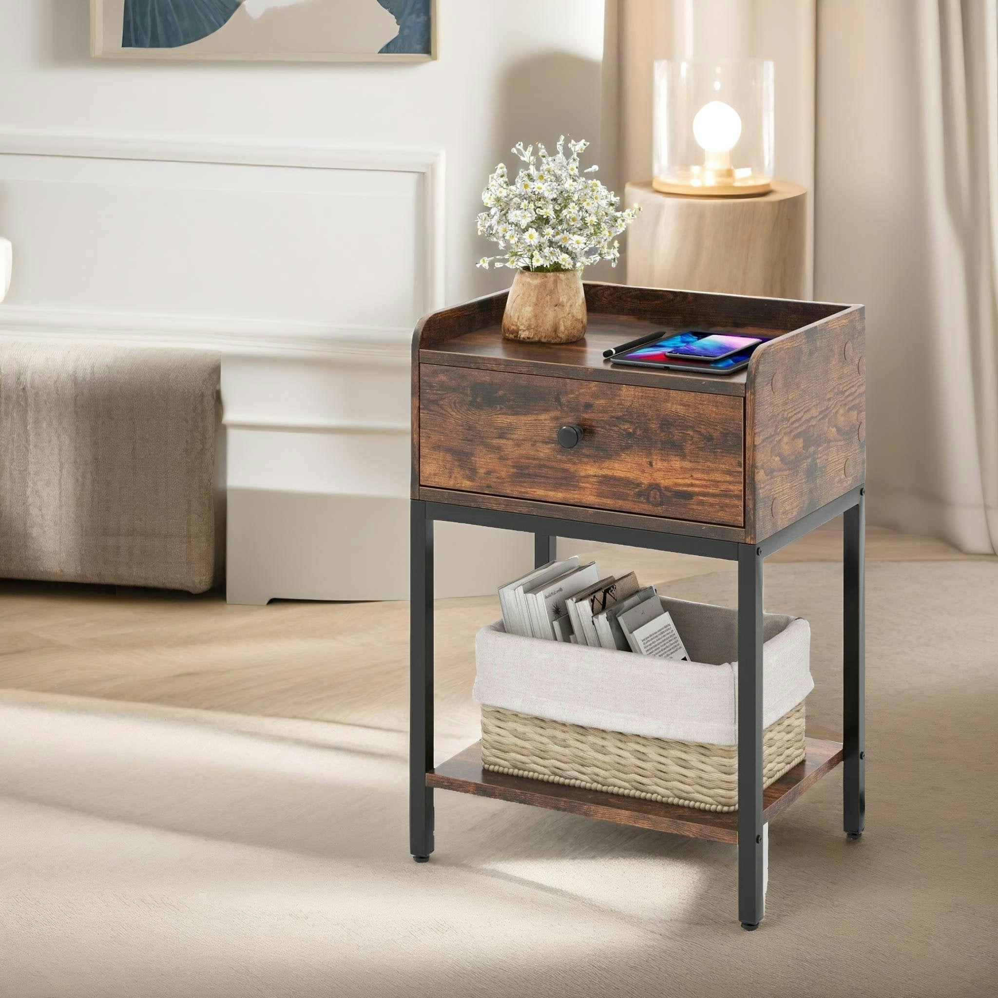 Rackhams Brown Bedside Nightstand Table With Drawer Rustic