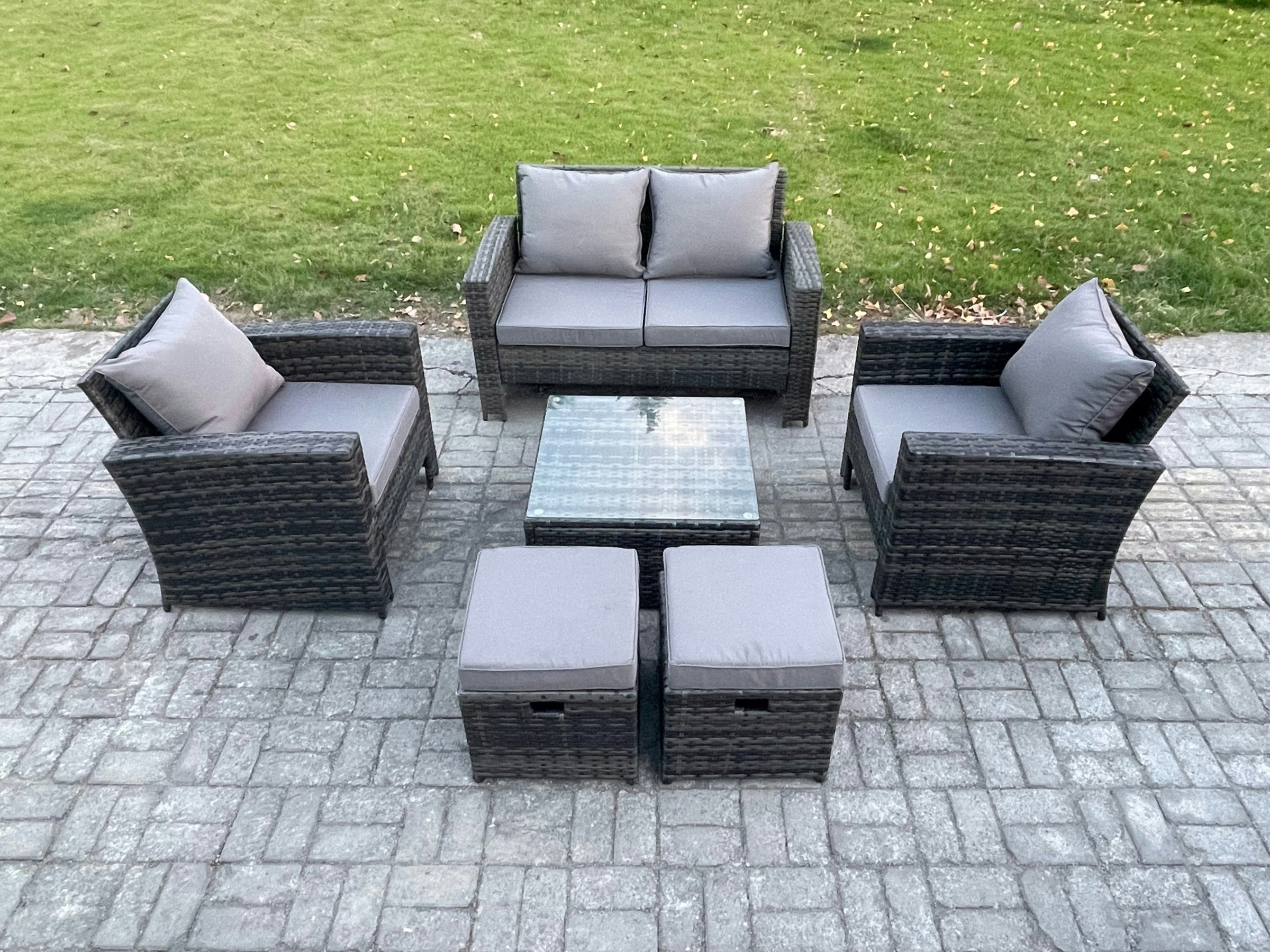 Rackhams Dark/Grey 6 Seater Outdoor Garden Furniture High Back Rattan Sofa Set With Square Coffee Table 2 Small Footstools Mixed