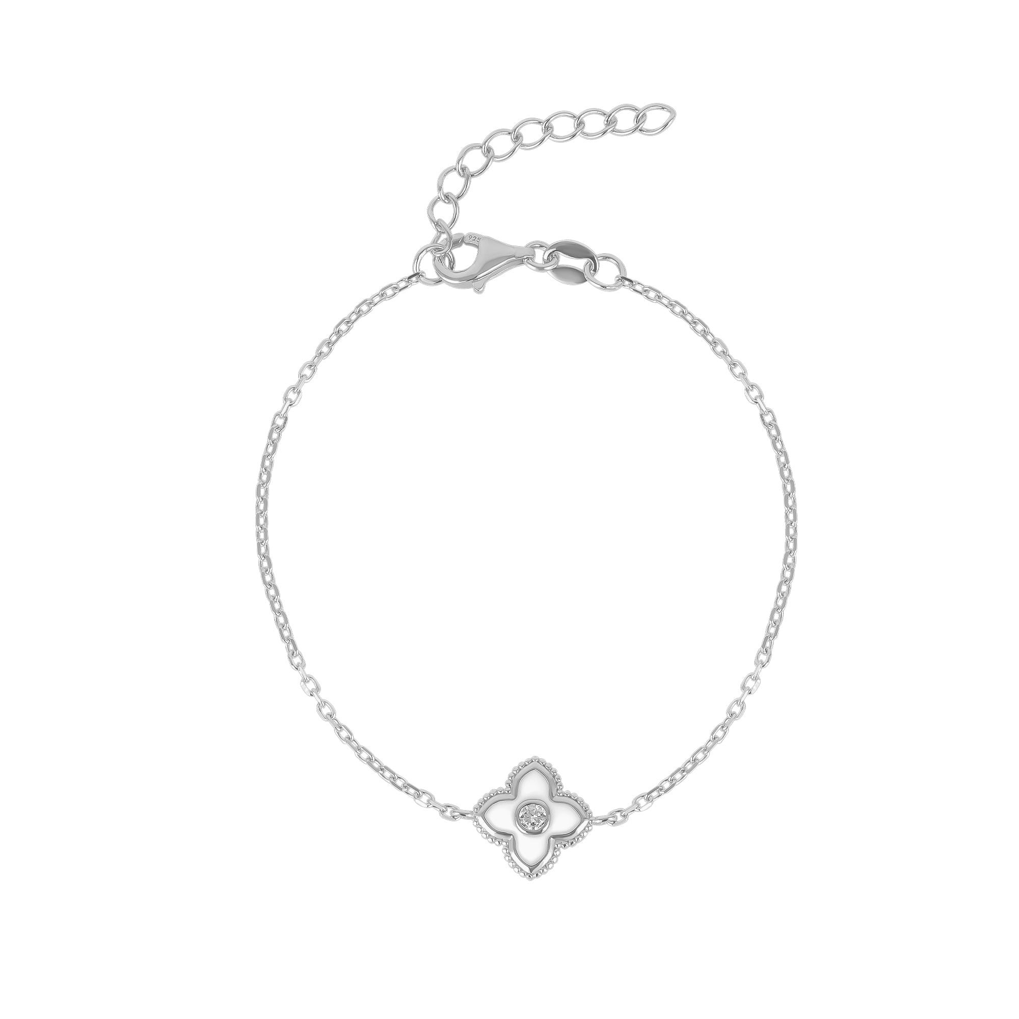 Spero London White/Silver Enamel Clover Bracelet