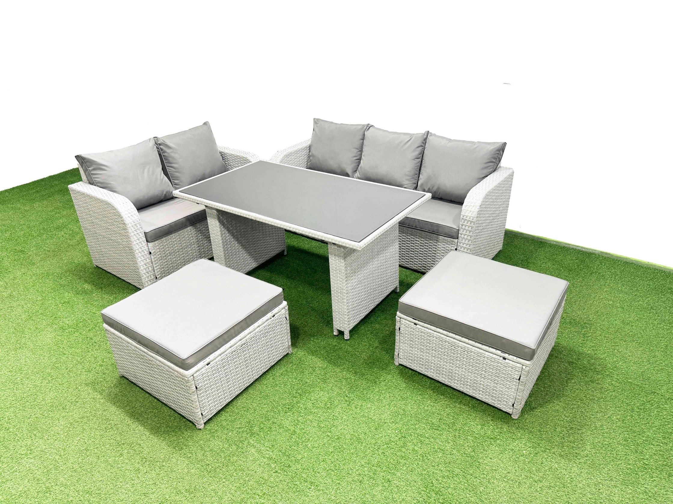 Fimous Light/Grey Garden Furniture Set Pe Ratten Garden Sofa Set With Rectangular Dining Table 2 Big Stool