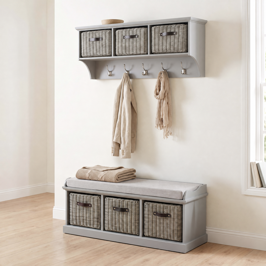Rackhams Grey Tetbury Large Hallway Set With Storage Baskets And Cushion Seat - Dove