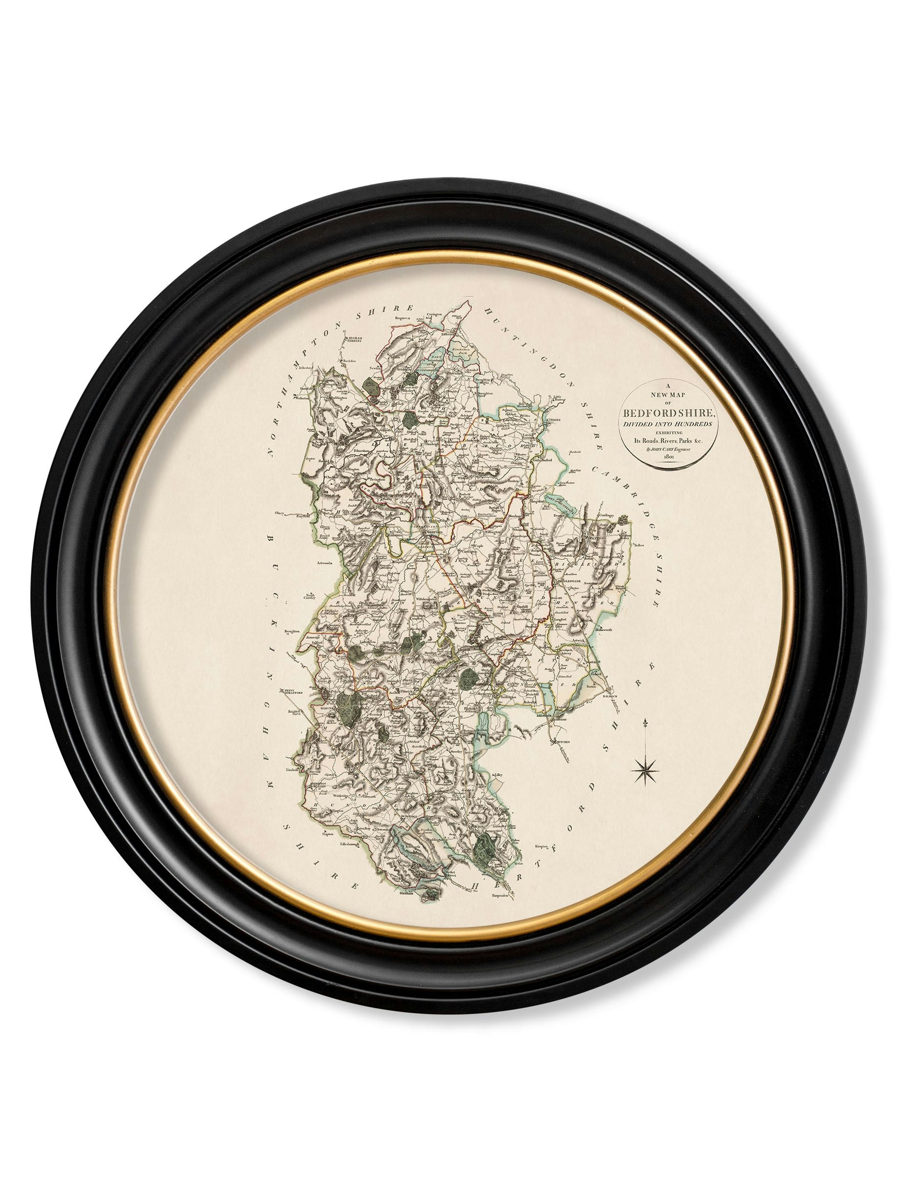 Rackhams Black C.1806 County Maps Of England - Round - 70 X 70Cm - Bedfordshire