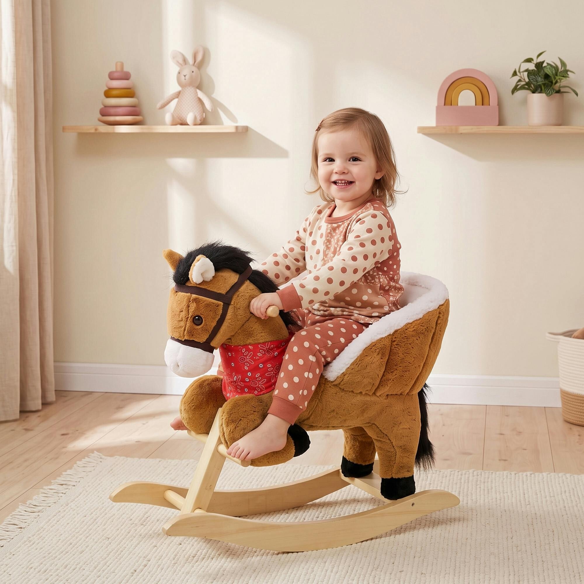 Aiyaplay Brown Baby Rocking Horse With Lifelike Neigh, Plush Ride On Horse