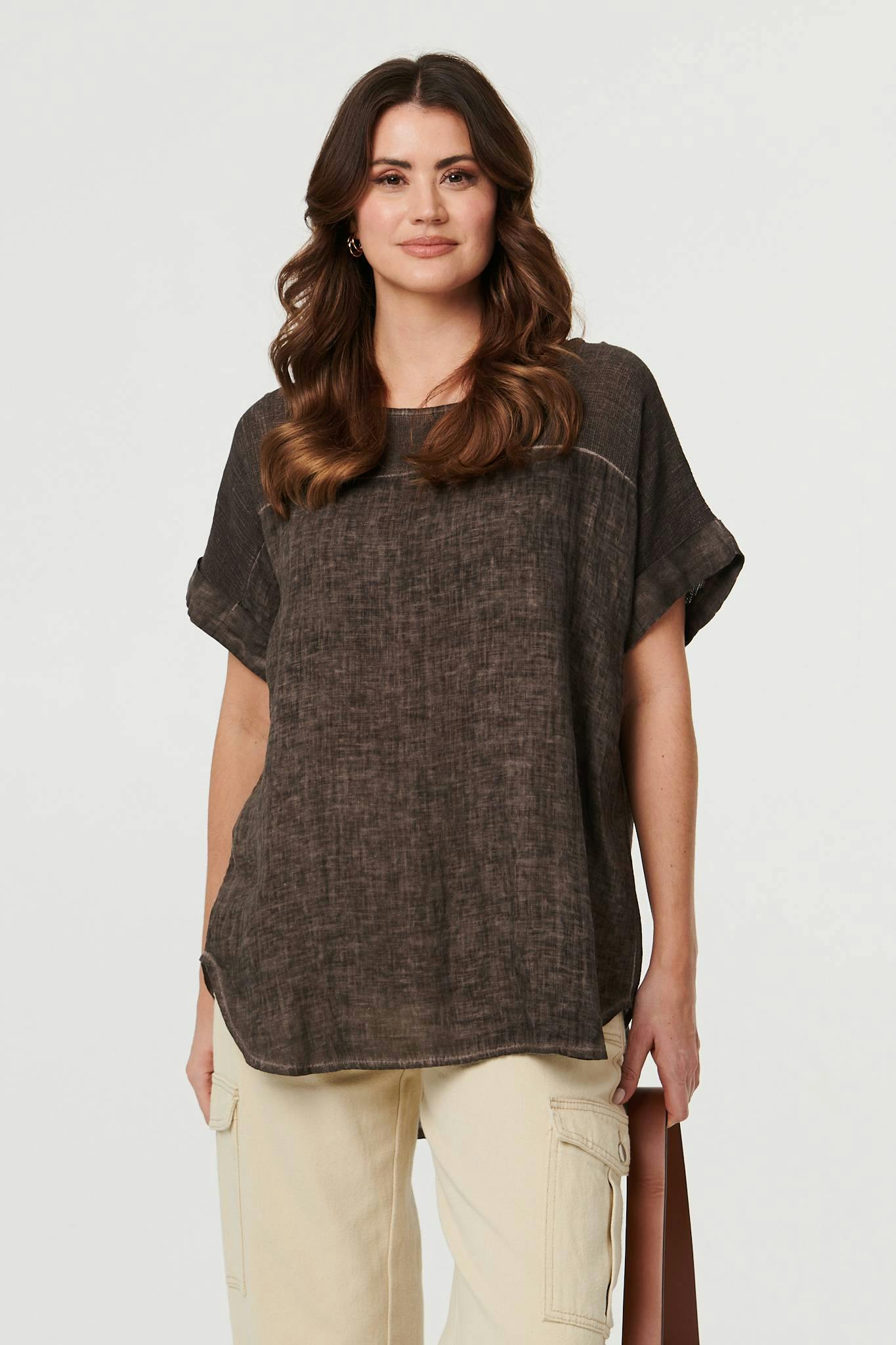 Izabel London Contrast Texture Relaxed Curve Hem Top - 10 - Navy