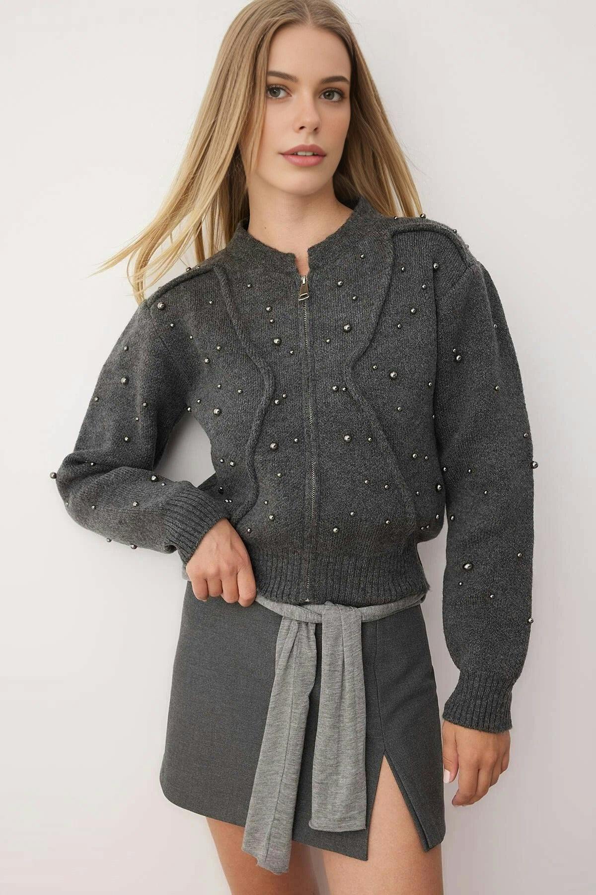 Wovcor Dark/Grey Soft Textured Zippered Knit Cardigan With Stone Details - S