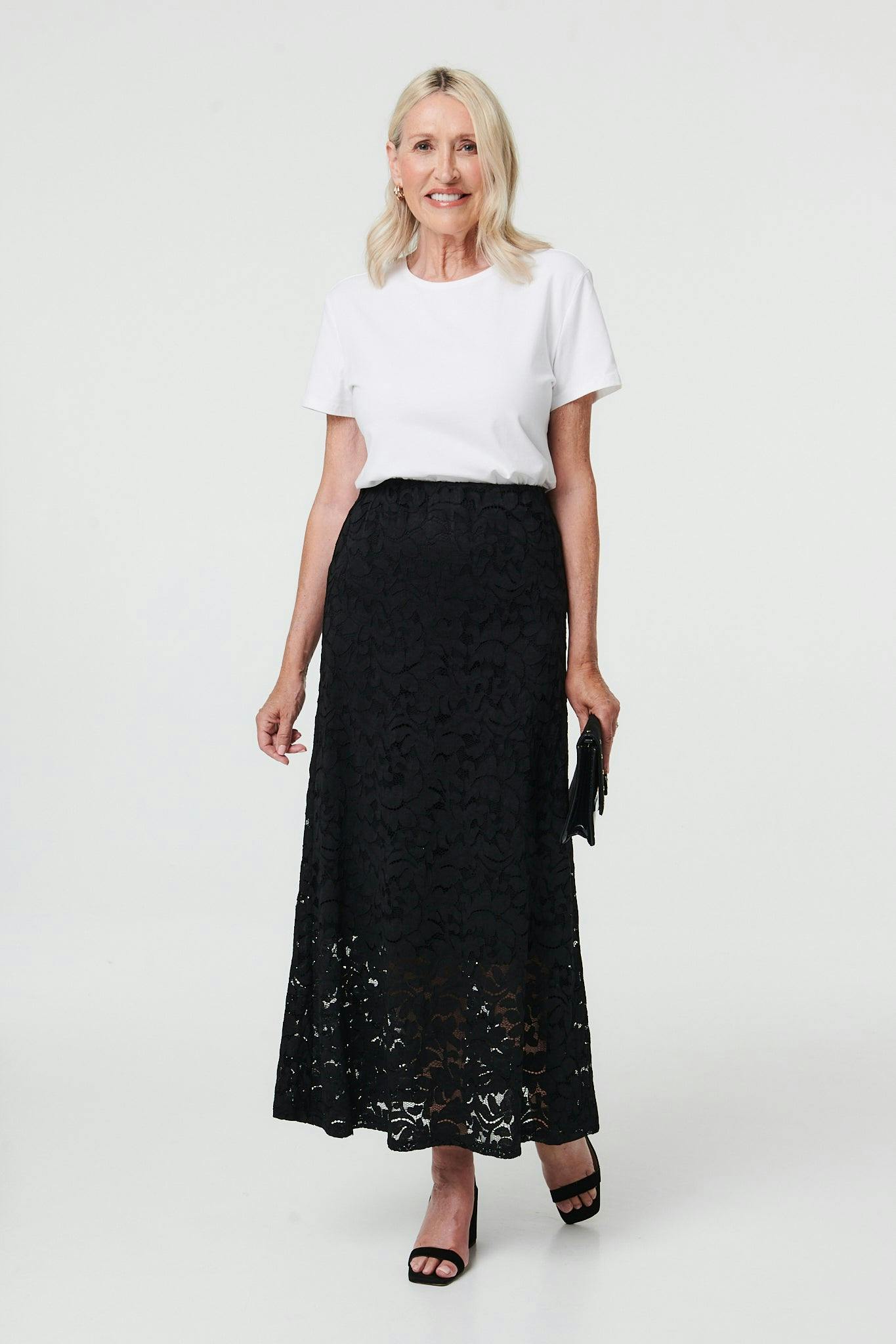 Izabel London Black Lace Texture Layer High Waist Maxi Skirt - 8