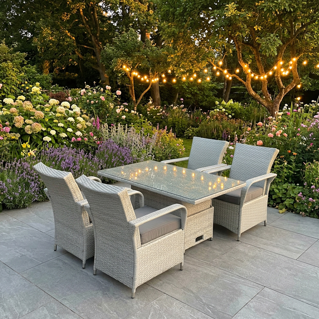 Fimous Light/Grey Rattan Outdoor Garden Furniture Set Height Adjustable Rising Lifting Table And 4 Chairs Set With Seat Cushion
