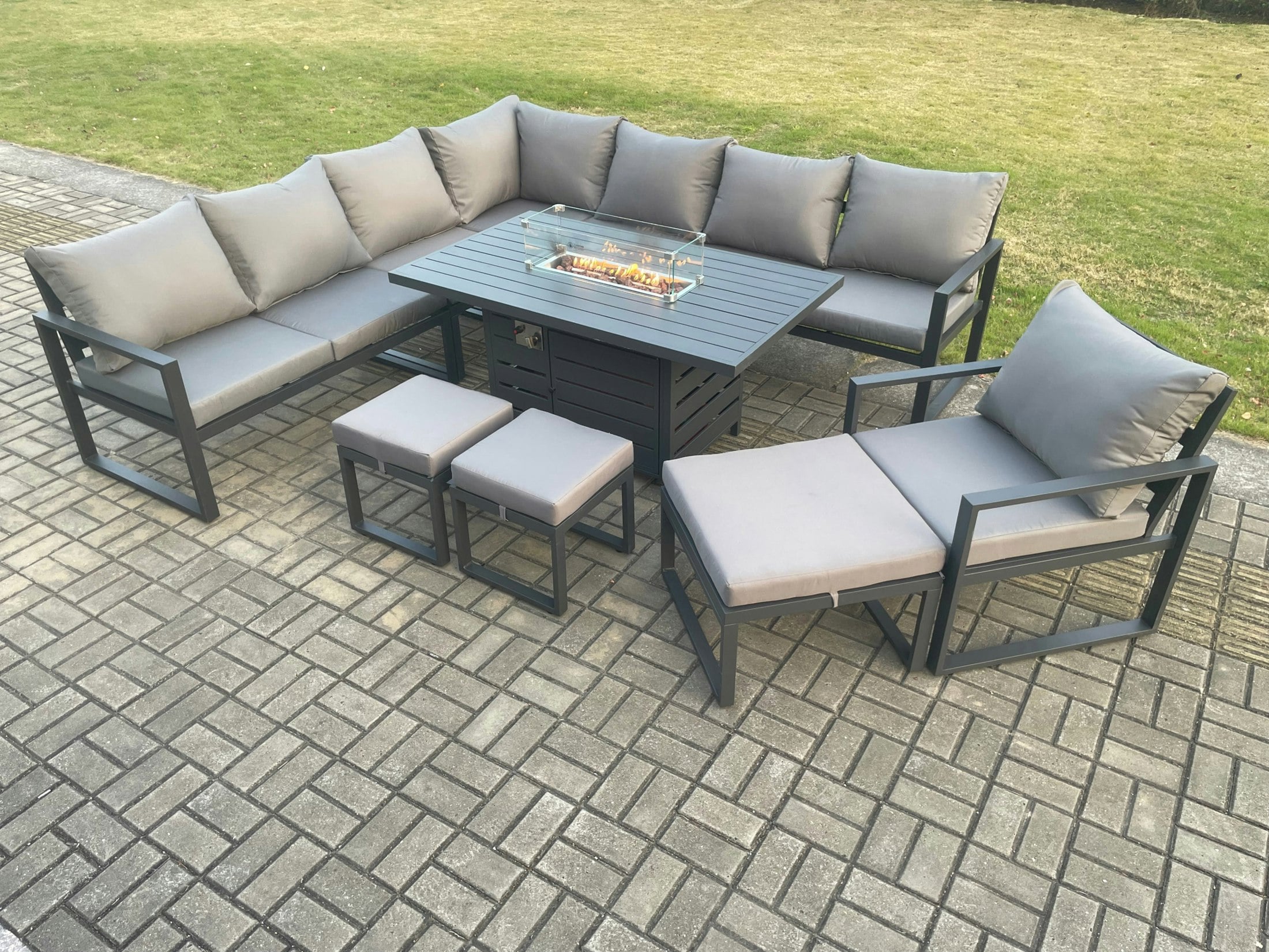 Fimous Dark/Grey Aluminium Lounge Corner Sofa Outdoor Garden Furniture Sets Gas Fire Pit Dining Table Set With Chair 3 Footstools