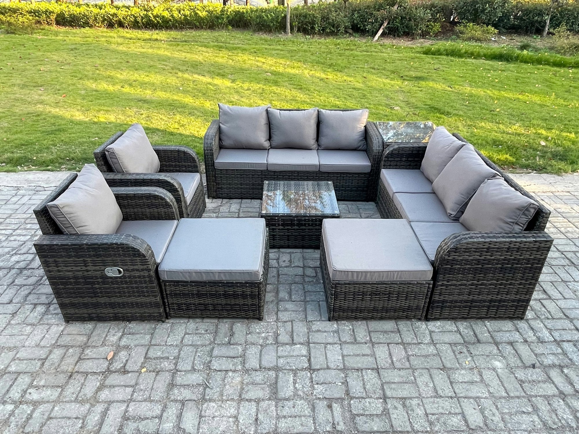 Rackhams Dark/Grey High Back Rattan Garden Furniture Set With Square Coffee Table 2 Big Footstool Side Table Indoor Outdoor Patio Lounge Sofa Set Mixed