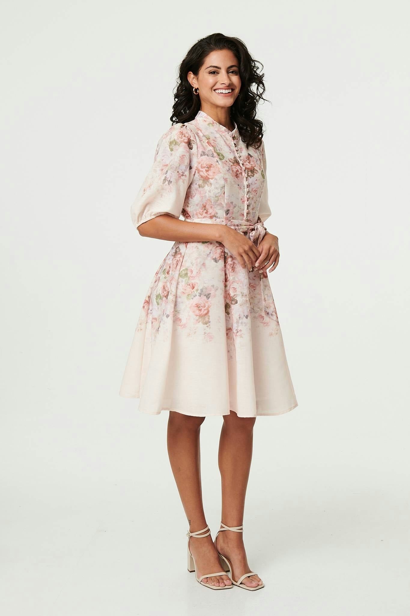 Izabel London Cream Floral 3/4 Puff Sleeve Knee Length Dress - 16