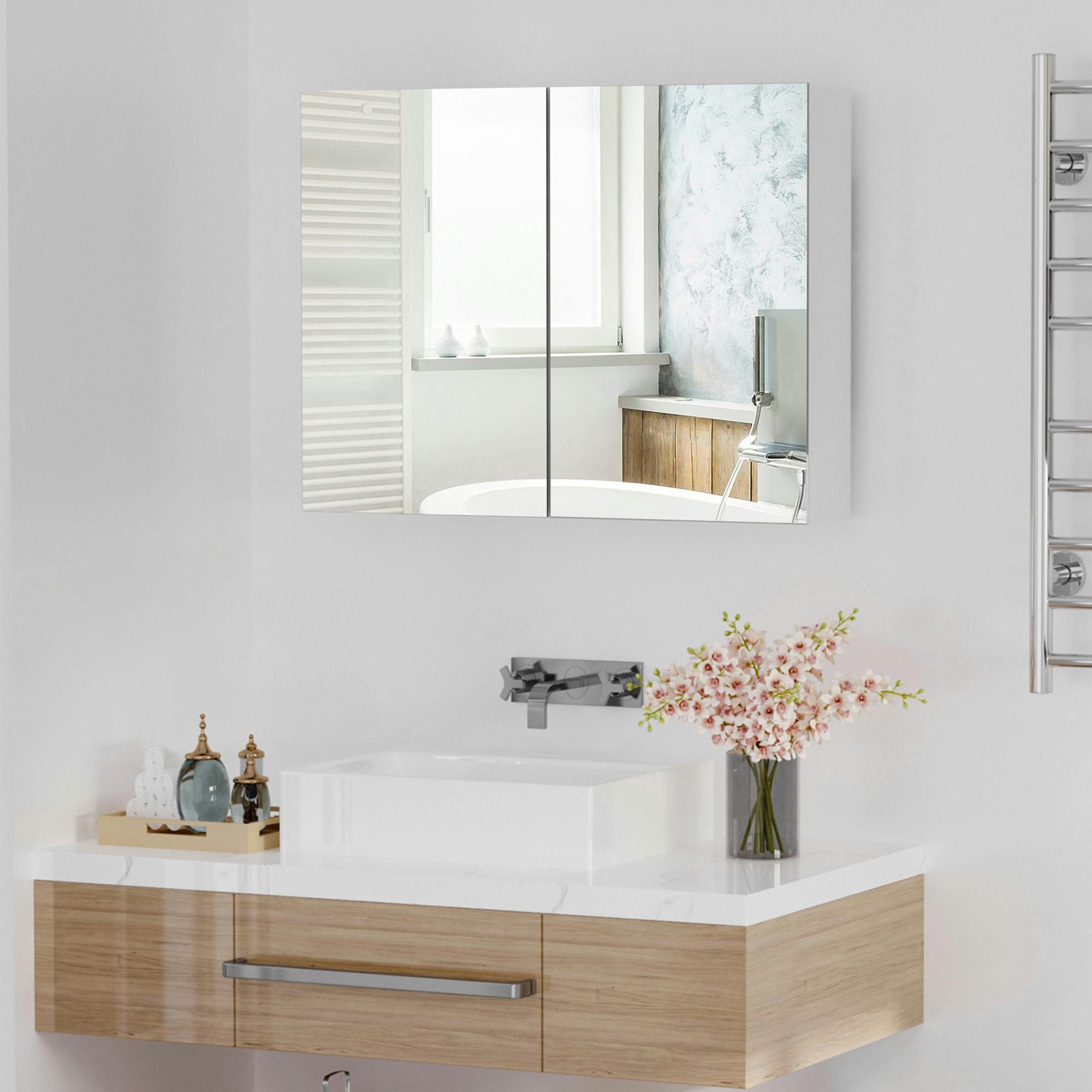 Rackhams Mirror Cabinet Double Door Wall Mounted Modern Storage Unit Bathroom