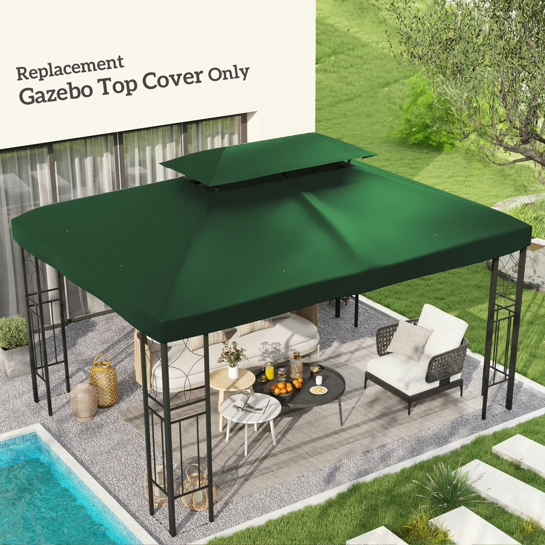Rackhams Cream/Green 3X4m Gazebo Replacement Roof Canopy 2 Tier Top Uv Cover Patio - 4L X 3Wm