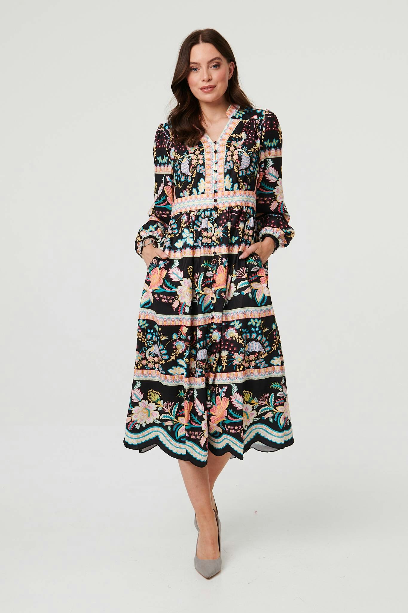 Izabel London Black Floral Long Sleeve Buttoned Midi Dress In - 8